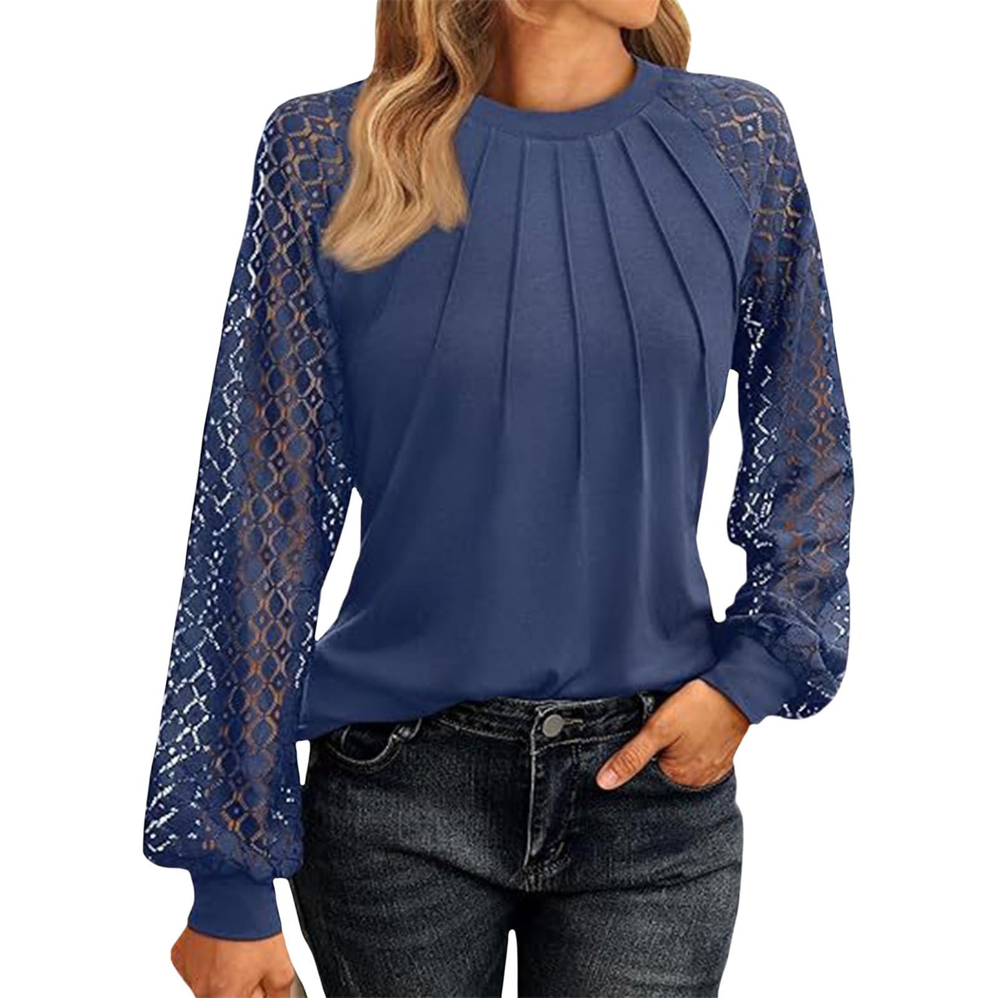 GYMBULL Lace Sleeve Tops for Women Pleated Crew Neck Shirt Dressy Casual Spring Fall Fashion 2026 Trendy Pleated Blouse