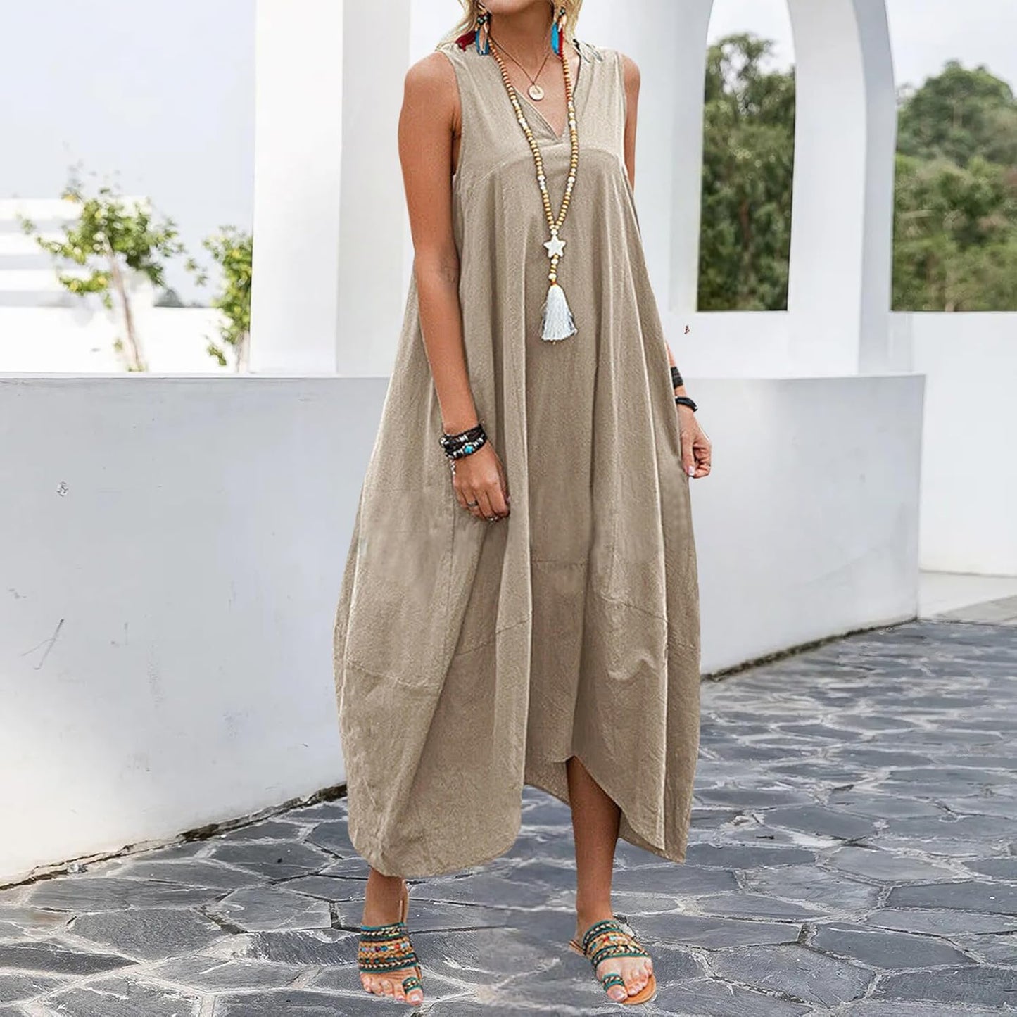 Bejirog Linen Tank Dress for Women, Long Flowy Loose Maxi V Neck Sleeveless Casual Summer Beach Vacation Dress with Pockets