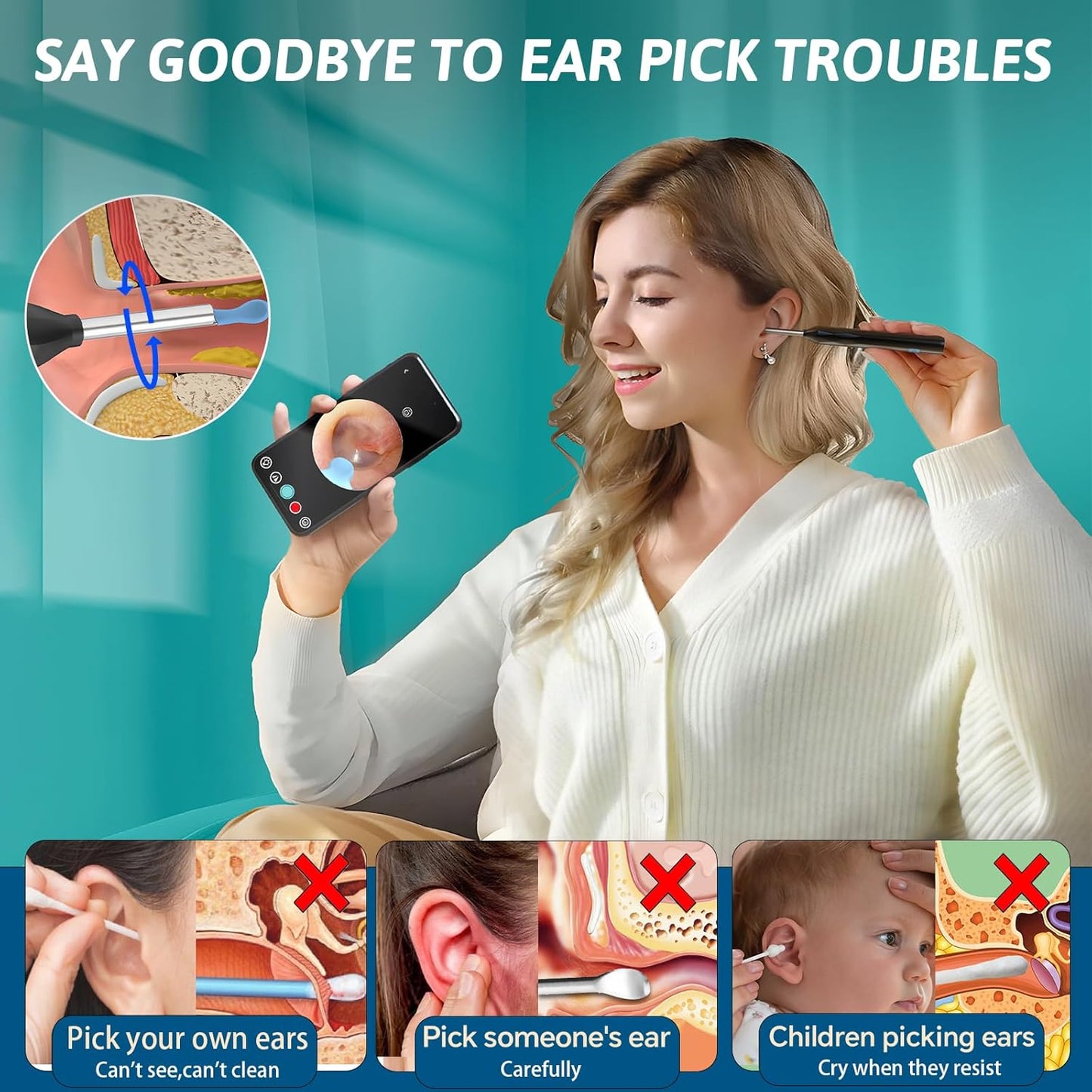 gukoo Wireless Visual Ear Pick FDA Eligible Ear Wax Removal Kit with 6 Ear Spoon Covers Ear Cleaner with Camera Compatible with iOS and Android Systems for Kids, Adults & Pets, Black Color