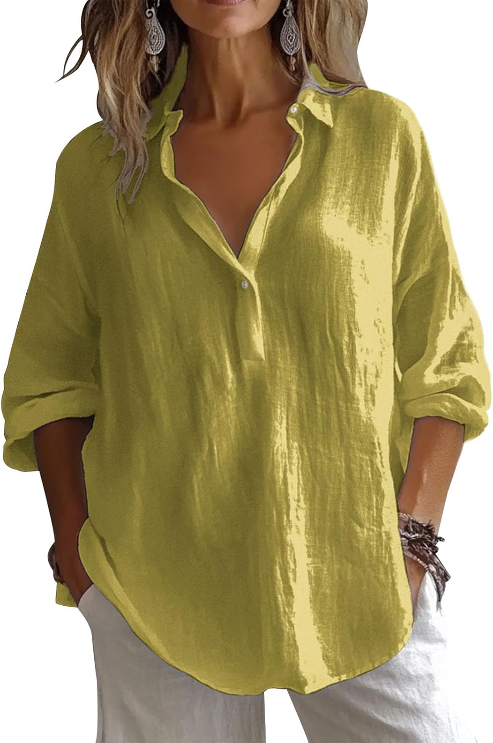 gukoo Womens Linen Shirts 3/4 Sleeve Blouses Casual V Neck Collar Shirt Trendy Tops Solid Color Summer Clothes