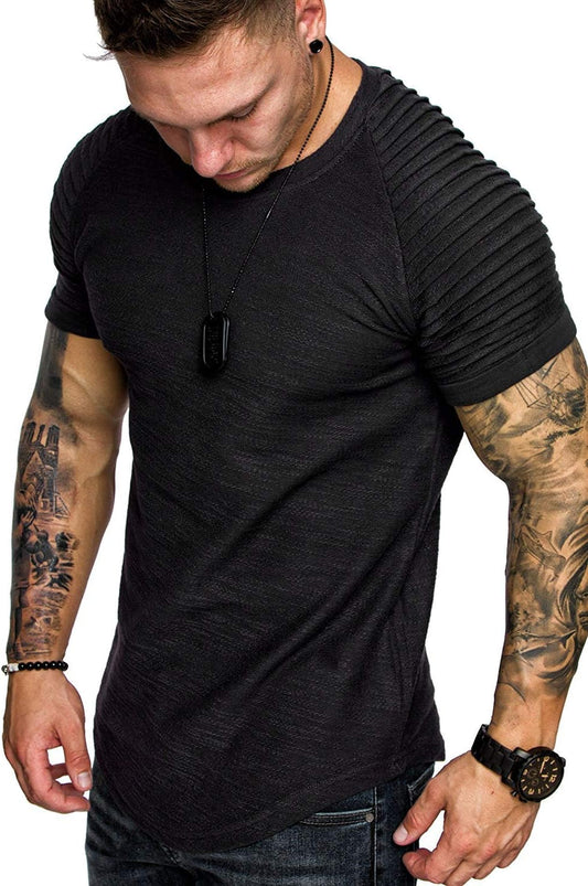 TOFOX Men's Muscle T-Shirt Pleated Raglan Sleeve Bodybuilding Gym Tee Short Sleeve Fashion Workout Shirts Hipster Shirt