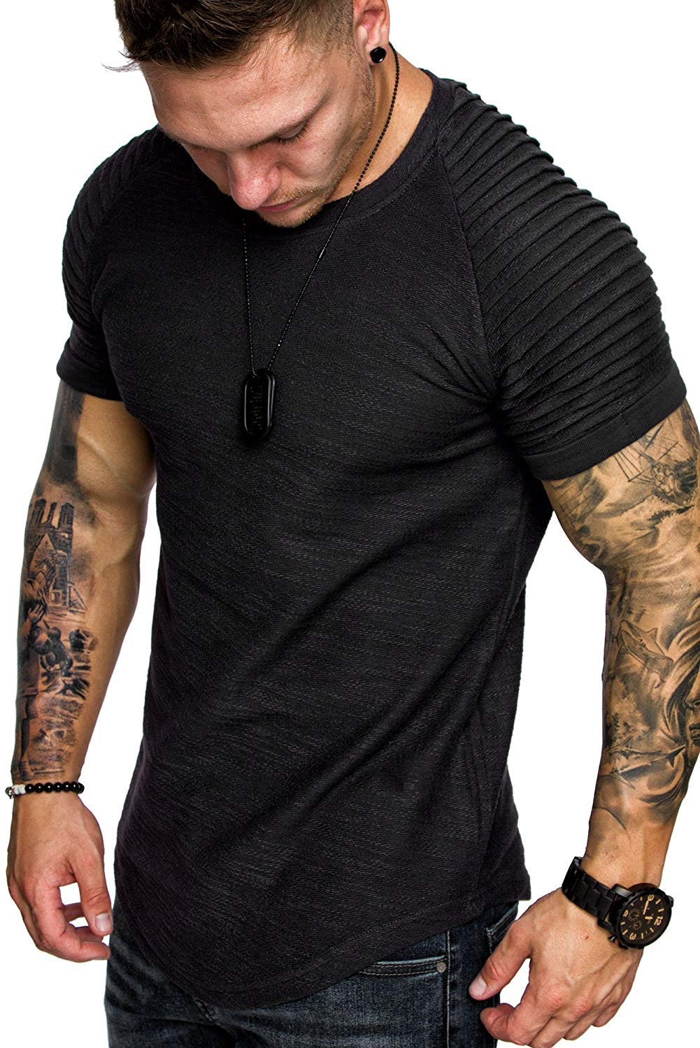 TOFOX Men's Muscle T-Shirt Pleated Raglan Sleeve Bodybuilding Gym Tee Short Sleeve Fashion Workout Shirts Hipster Shirt