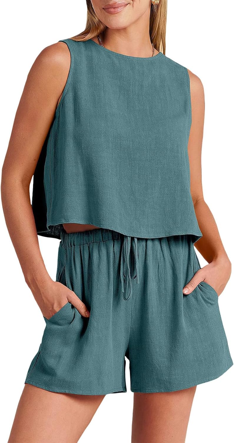 Bejirog Women's Summer 2 Piece Short Sets, Sleeveless Crop Tank Top & High Waist Drawstring Shorts Lounge Outfits for Women