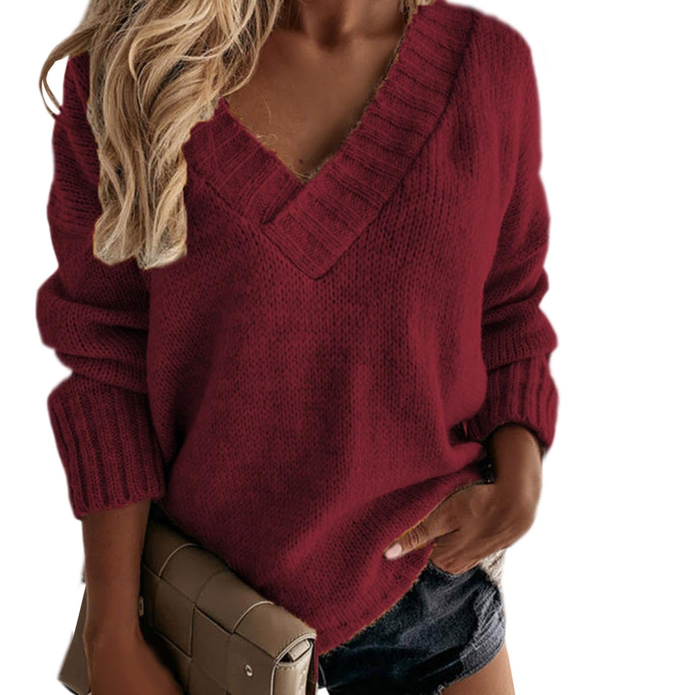 GYMTSL Women's Winter Sweater 2025 Fall Casual Timeless Long Sleeve Solid V Neck Chunky Sweater Pull Over Tops