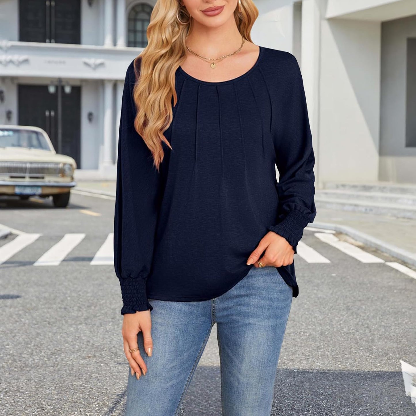 Befox Women's Pleated Tops, Crewneck Long Sleeve Blouse Tunic T-Shirt 2026 Spring Fall Trendy Casual Loose Pleated Shirts