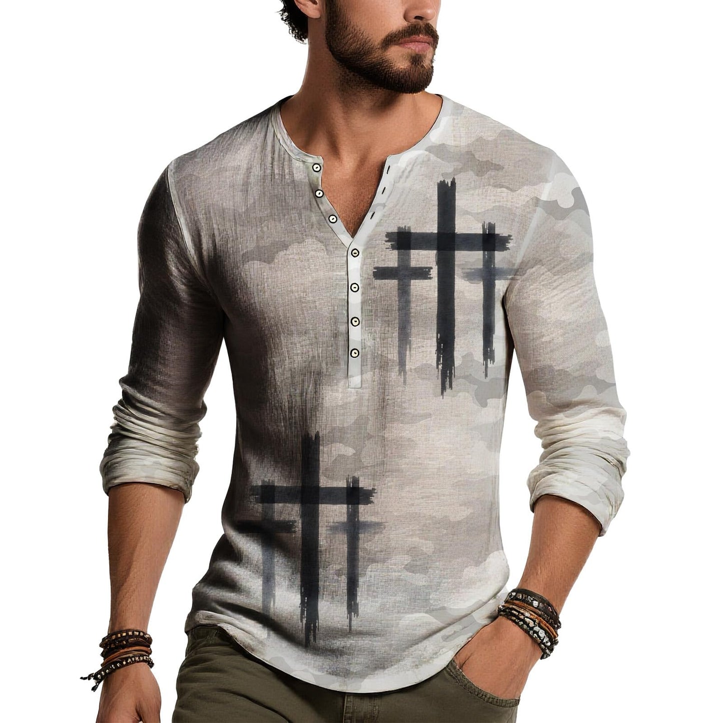 JiffPom Distressed Henley Tshirts for Men Pullover Long Sleeve Button Up T-Shirts Vintage Graphic Tees Washed Streetwear Tops