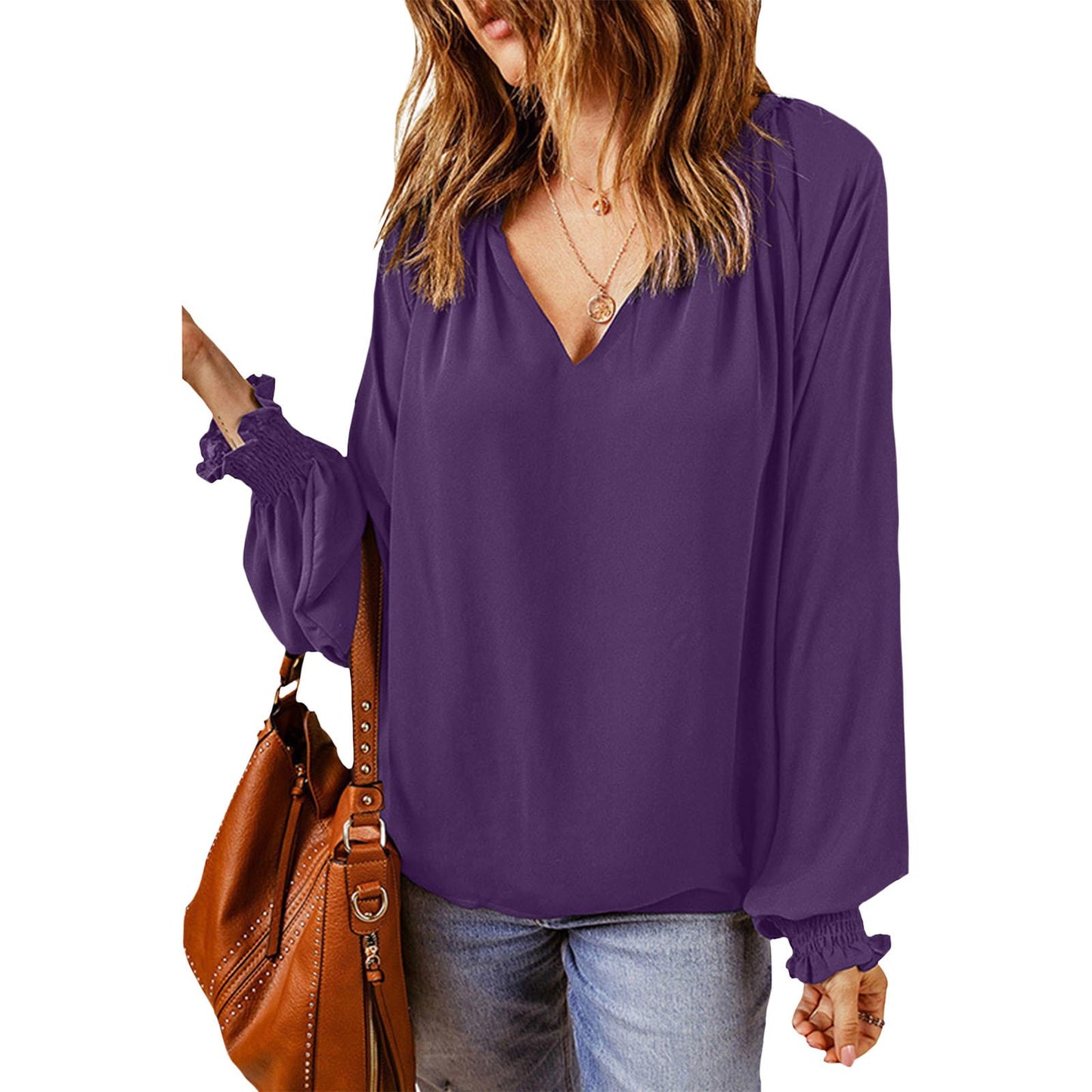 Gymrex Pleated Tops for Women - Lantern Sleeve Top V Neck Pleated Blouse Spring 2026 Trendy Long Sleeve Plus Size Shirt