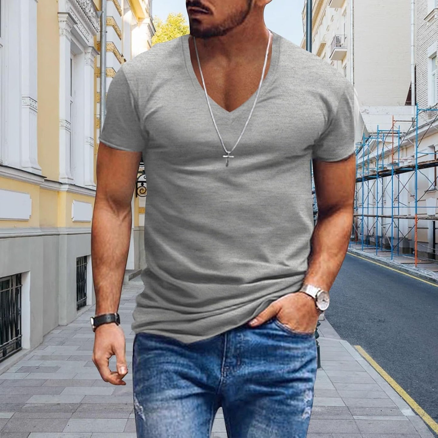 Alivebody Mens T Shirts Solid Color Deep V Neck Basic Muscle Fit Tee Muscle Slim Fit Low Cut Stretch Soft Lightweight Tshirt