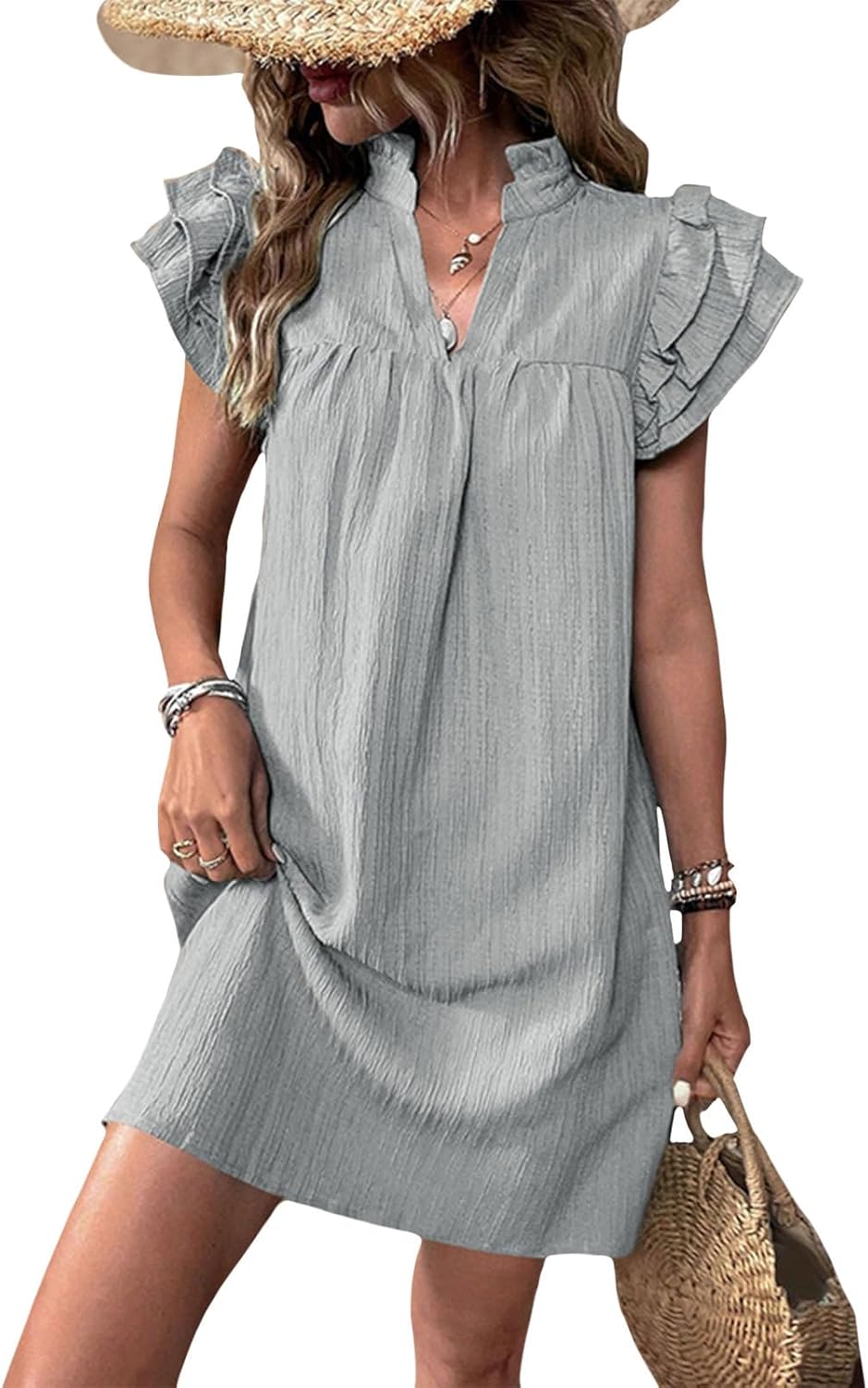 Gymrex Ruffle Sleeve Dress for Women V Neck Summer Casual Ruffle Short Sleeve A Line Mini Women Straight Dresses
