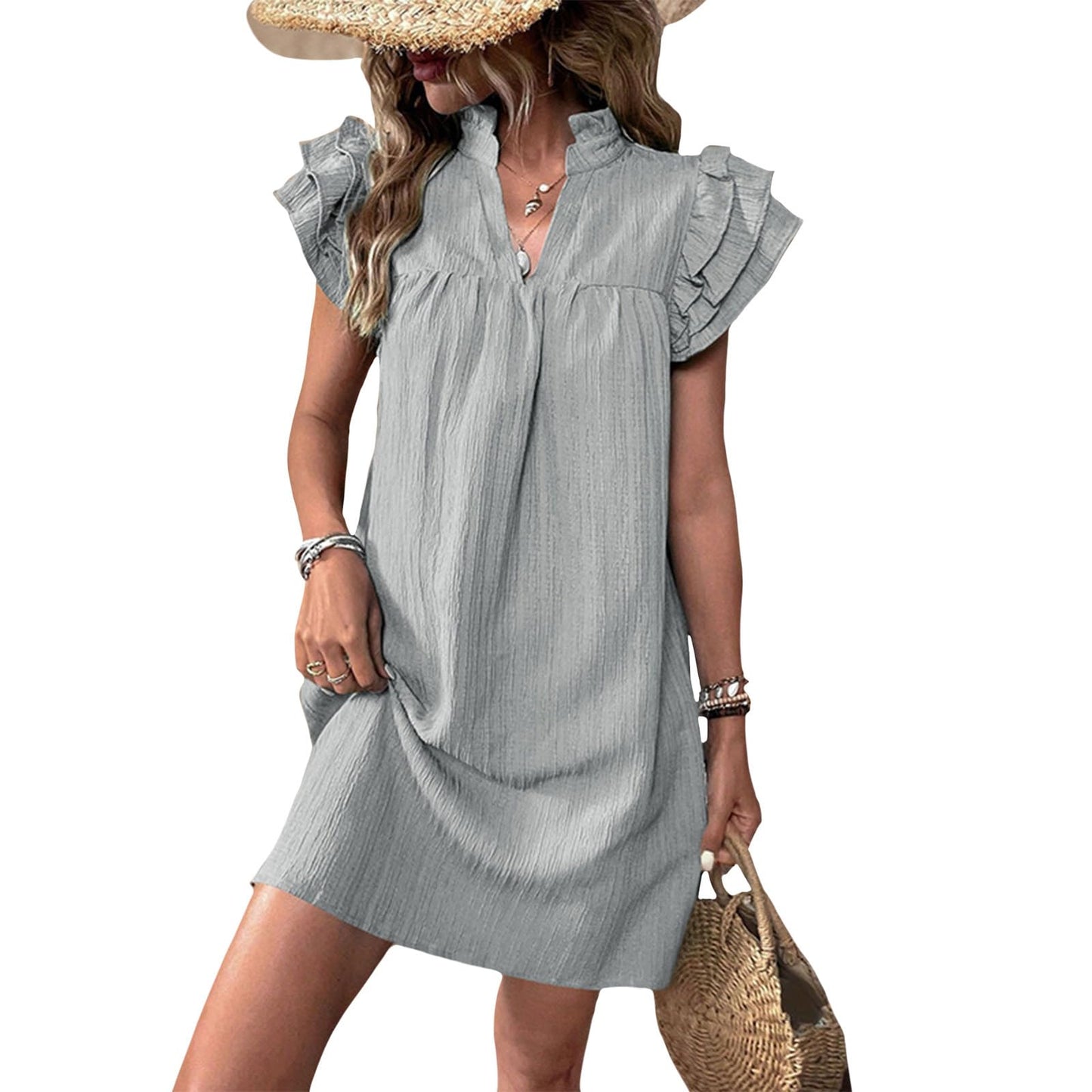 Gymrex Ruffle Sleeve Dress for Women V Neck Summer Casual Ruffle Short Sleeve A Line Mini Women Straight Dresses