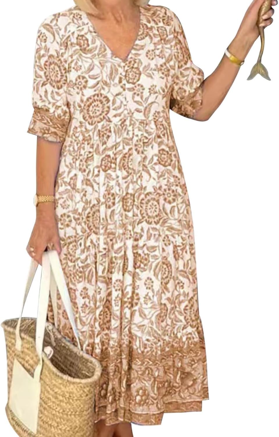 GYMDOG Elegant Flowy Flower Print Boho Maxi Dress for Women V Neck Short Sleeve Ruffle Swing Hem Dress for Wedding Guest