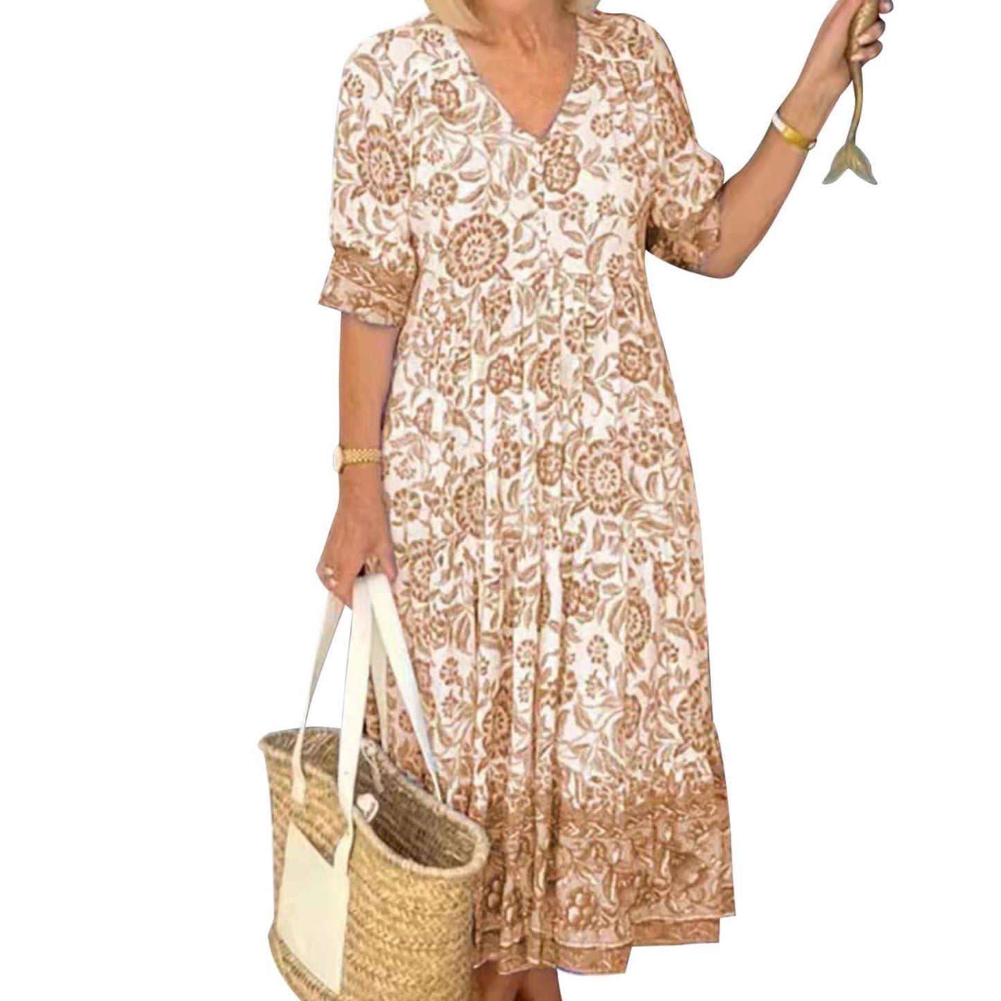 GYMDOG Elegant Flowy Flower Print Boho Maxi Dress for Women V Neck Short Sleeve Ruffle Swing Hem Dress for Wedding Guest
