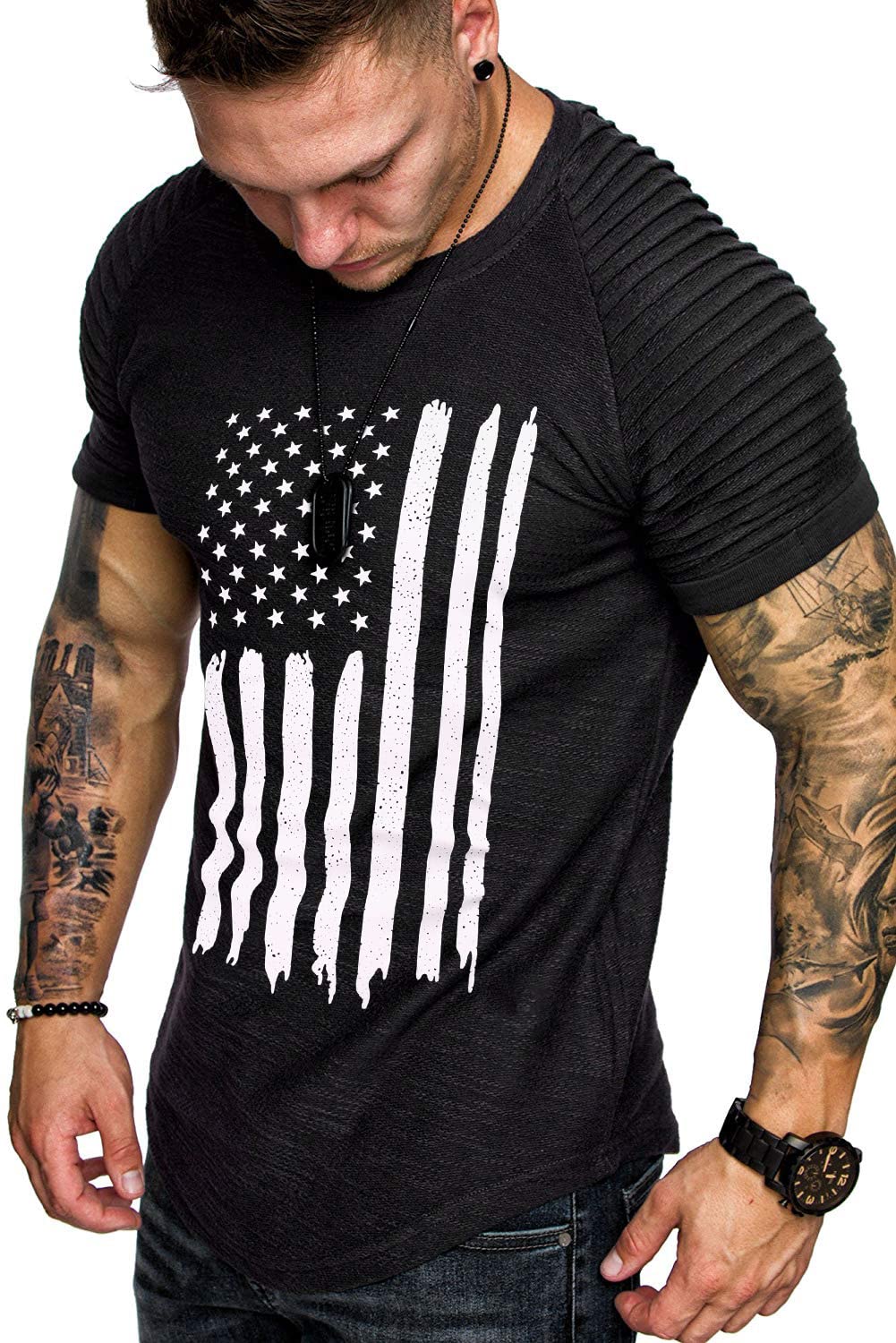 TOFOX Men's Muscle T-Shirt Pleated Raglan Sleeve Bodybuilding Gym Tee Short Sleeve Fashion Workout Shirts Hipster Shirt