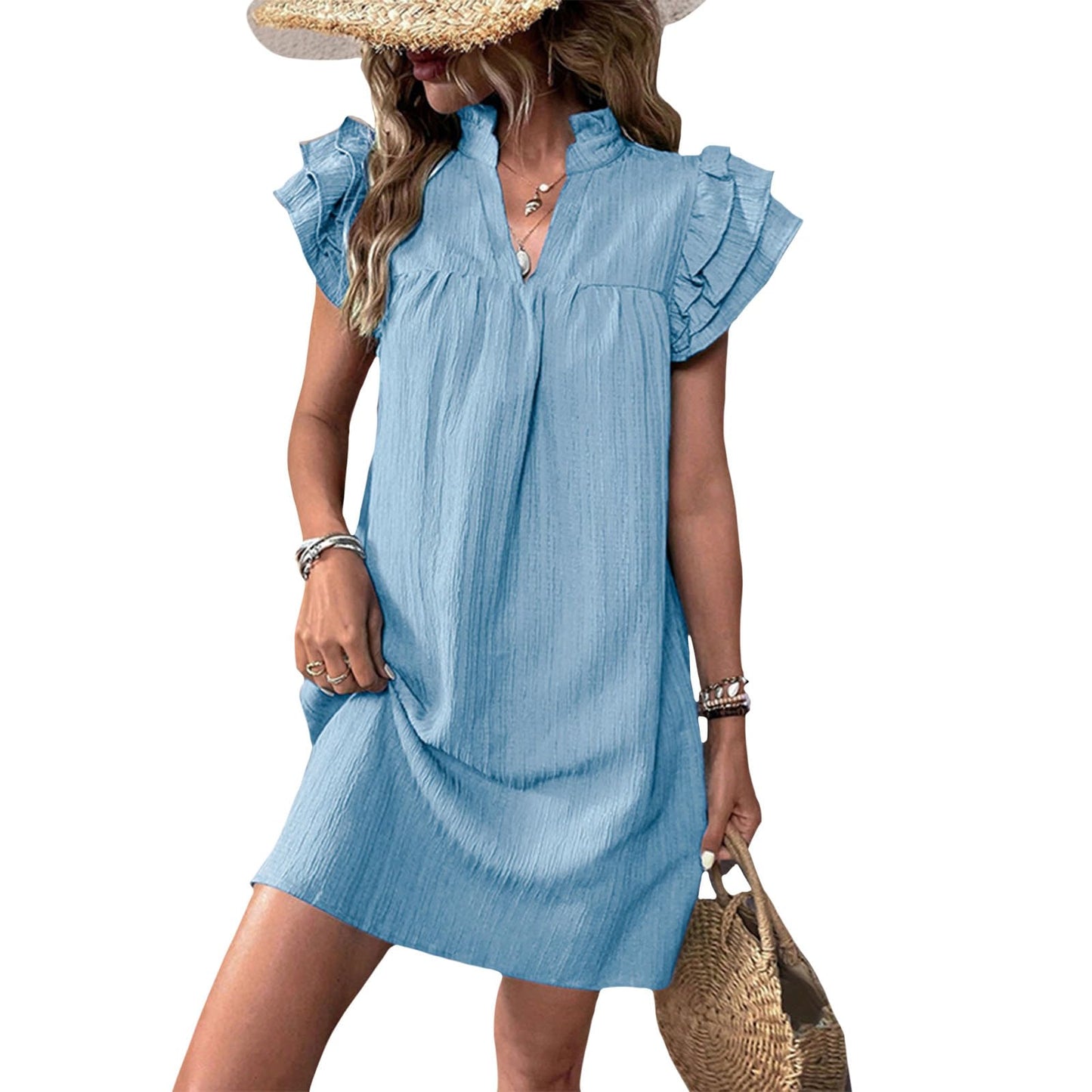 Gymrex Ruffle Sleeve Dress for Women V Neck Summer Casual Ruffle Short Sleeve A Line Mini Women Straight Dresses