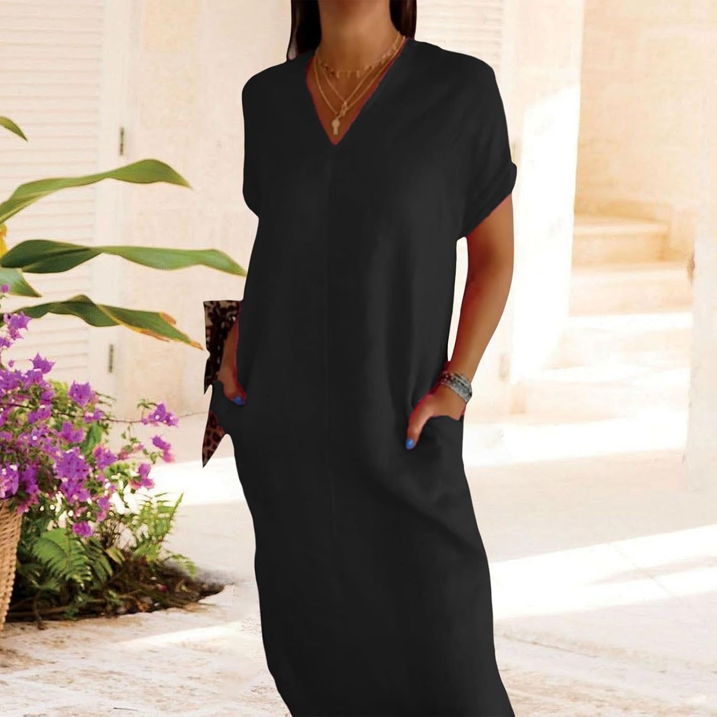 NAILONG Womens Short Sleeve V Neck Cotton Linen Dress, Casual Loose Long Maxi Summer Linen Dress for Women with Pockets