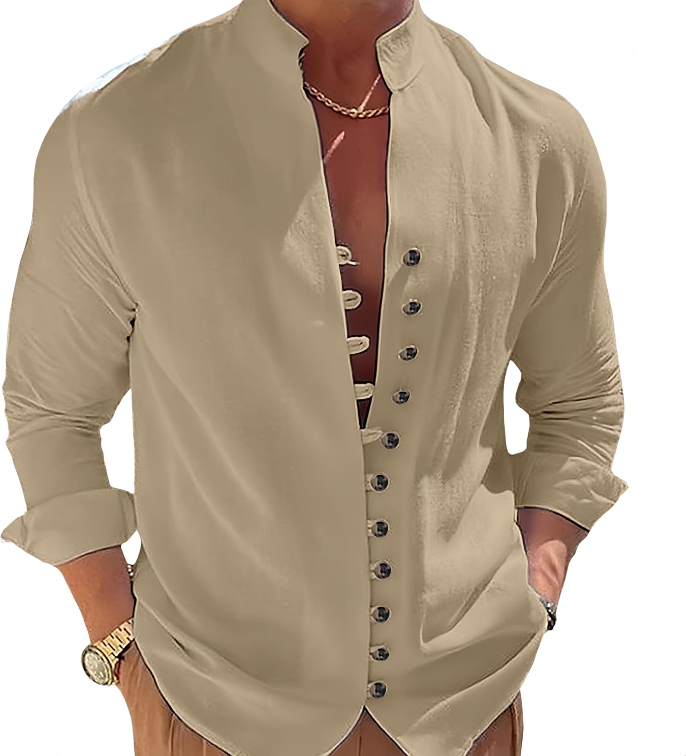 Befox Mens Dressy Casual Button Down Shirts Solid Color Cotton Blend Long Sleeve Summer Vacation Shirt Tops