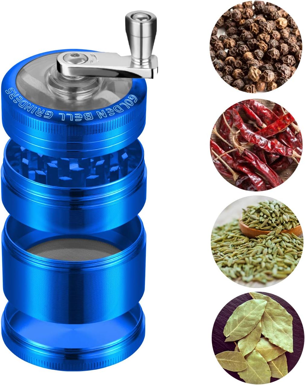 Kribee 2 inch Hand Cranked Spice Grinder with Pollen Scraper Foldable Handle Grinder - 4 Layers Zinc Alloy - Blue