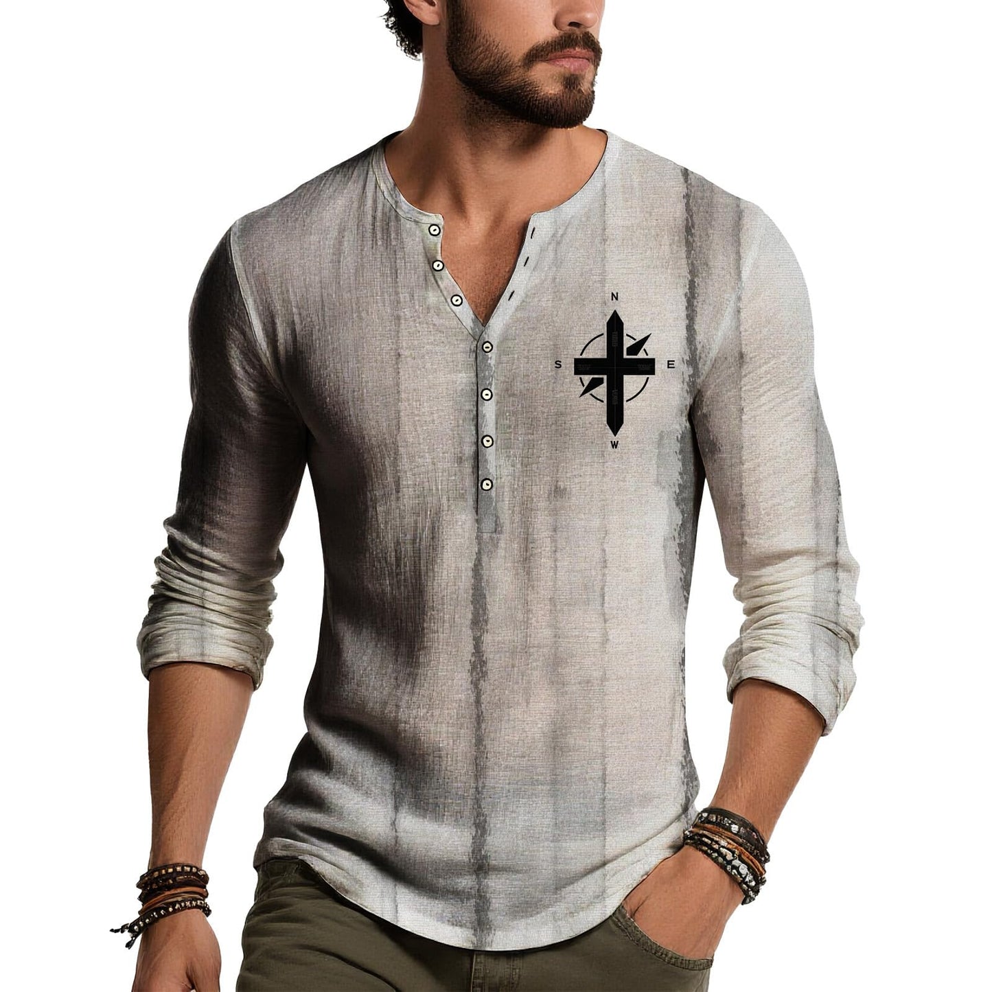 JiffPom Distressed Henley Tshirts for Men Pullover Long Sleeve Button Up T-Shirts Vintage Graphic Tees Washed Streetwear Tops