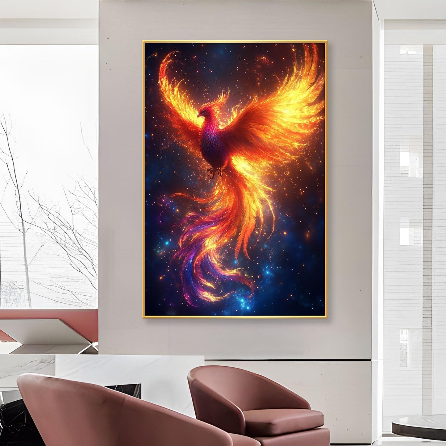 JiffPom Phoenix Rising Canvas Wall Art, Phoenix Canvas Wall Art, Phoenix Fire Bird Wall Art, Mythical Canvas Wall Art, Fantasy Phoenix Wall Decor, Inspirational Home Decor, Office Wall Art (Gold Framed, 32"x48" | 82x122cm)