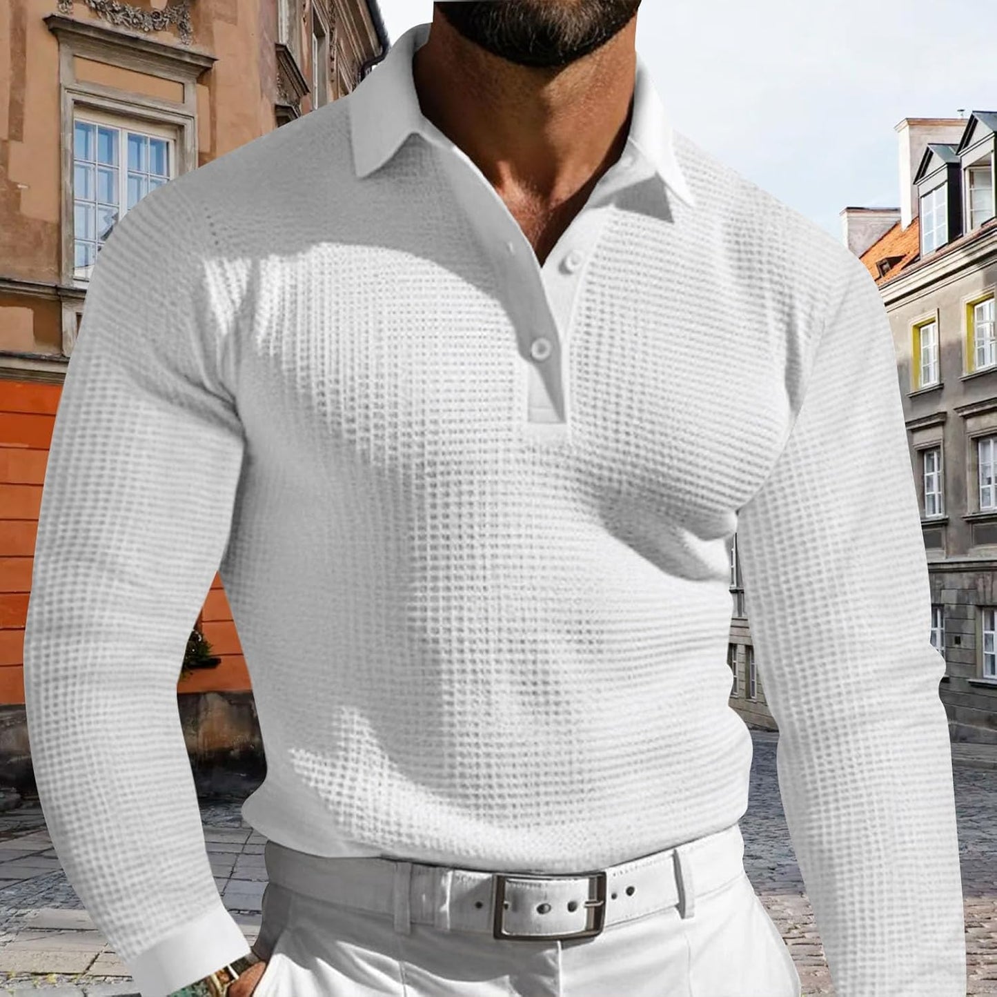 JiffPom Mens Polo Shirts Buttons Fashion Long Sleeve Crewneck Hippie Pullover Collared Workout Summer Casual Retro Blouses