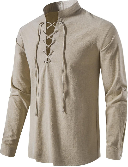Embryform Linen Shirts for Men Cotton Linen Long Sleeve Viking Loose Vintage Hippie Lace Up Oversized Hip Hop Casual Blouses
