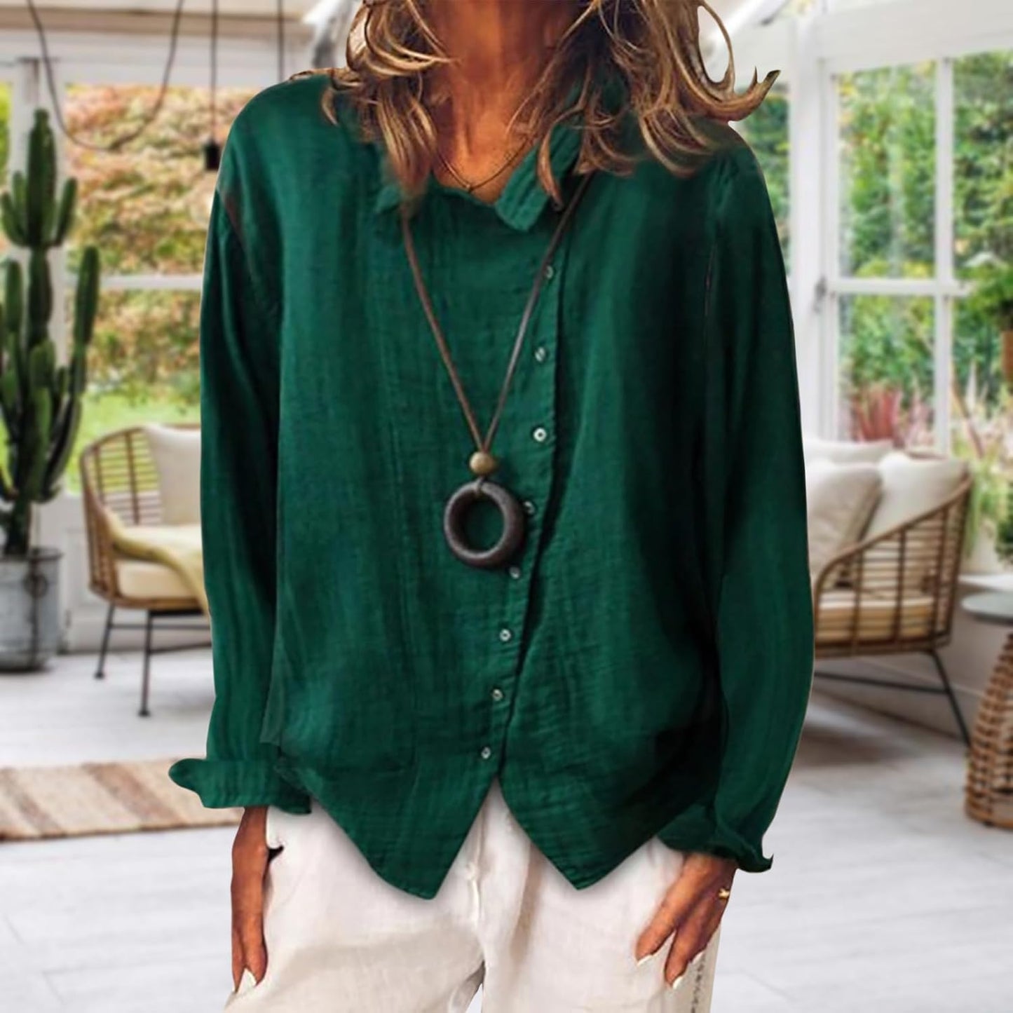 Gymrex Linen Button Down Shirts for Women, Long Sleeve Lightweight Loose Fit Blouse Dressy Casual Trendy Fashion Tops