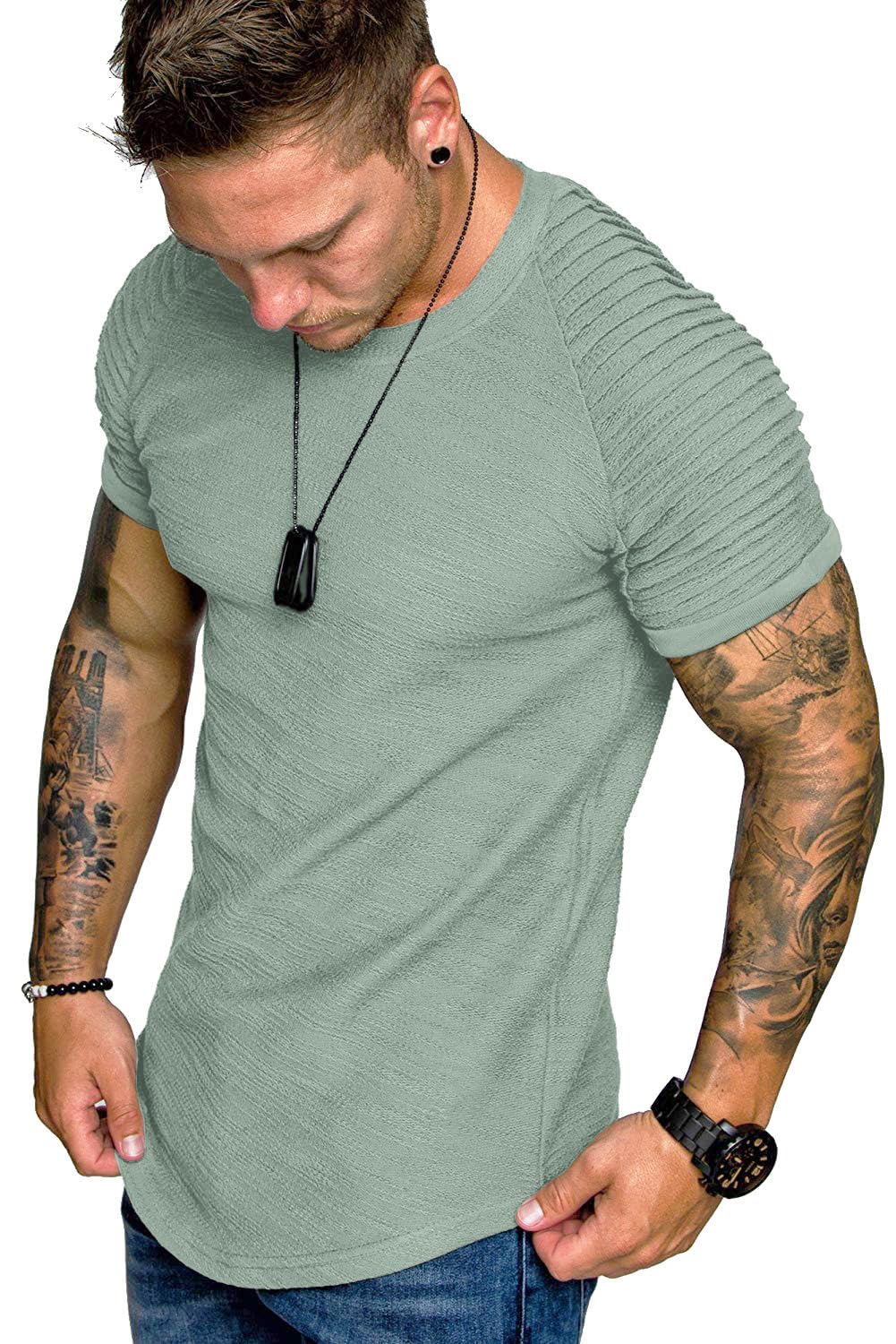 TOFOX Men's Muscle T-Shirt Pleated Raglan Sleeve Bodybuilding Gym Tee Short Sleeve Fashion Workout Shirts Hipster Shirt