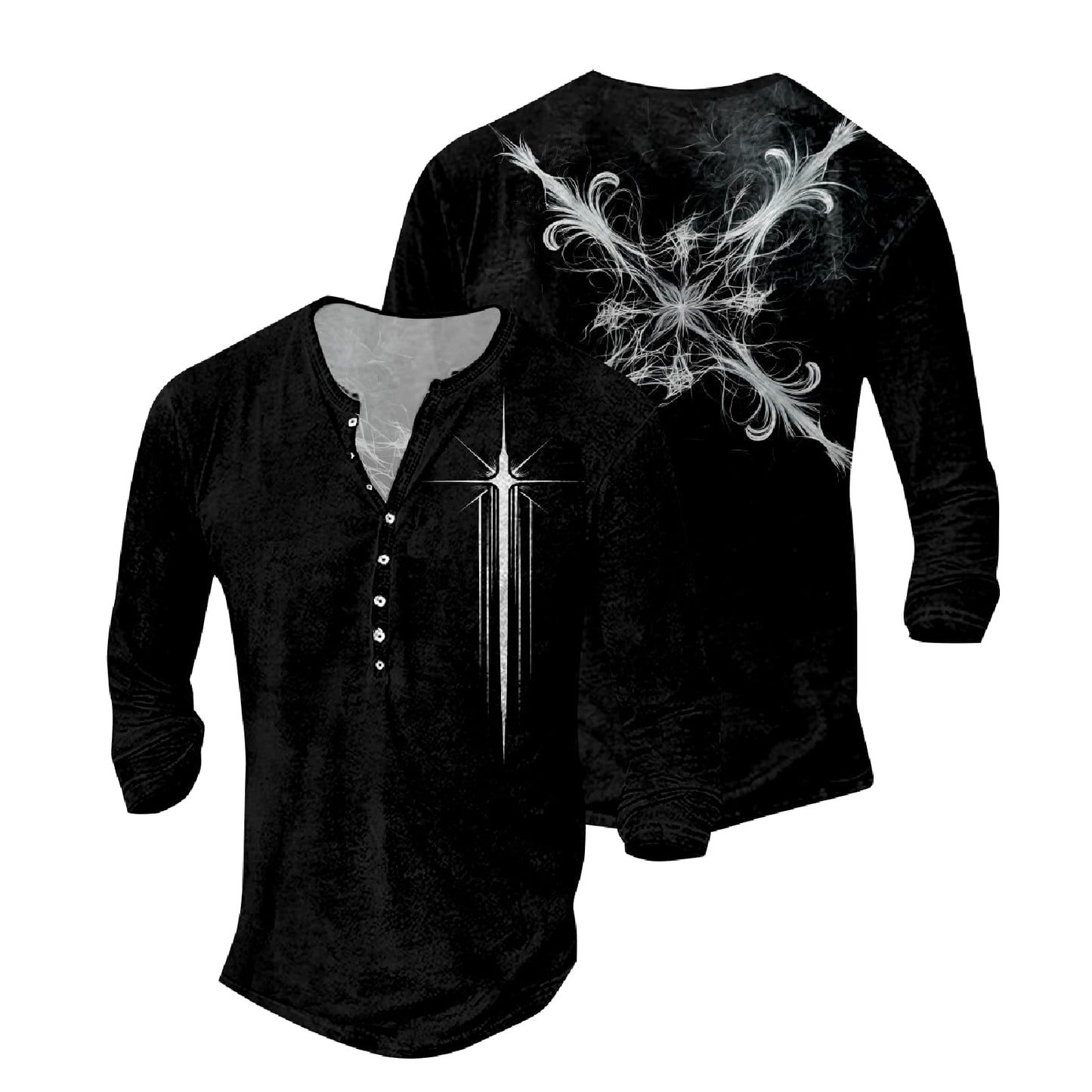 JiffPom Mens Christian Faith Long Sleeves Silky Henley Shirt Cool Jesus Cross Print Casual Button Down Polo Shirts