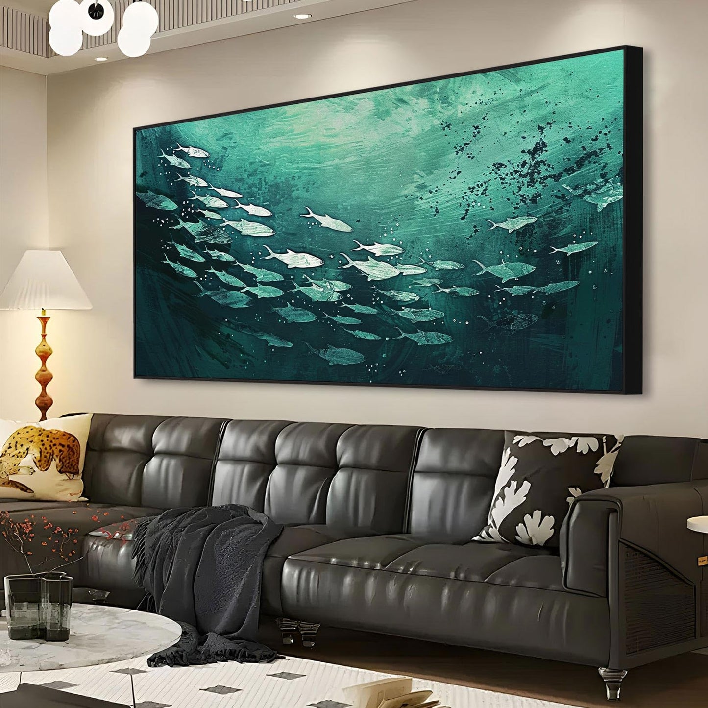 JiffPom Fish Abstract Canvas Wall Art, School of Fish Wall Decor, Emerald Green Canvas Wall Art, Ocean Canvas Wall Art, Silver Fish Wall Decor, Framed Wall Art for Living Room, Bedroom Wall Art (Black Metal Frame, 39"x19" | 100x50cm)