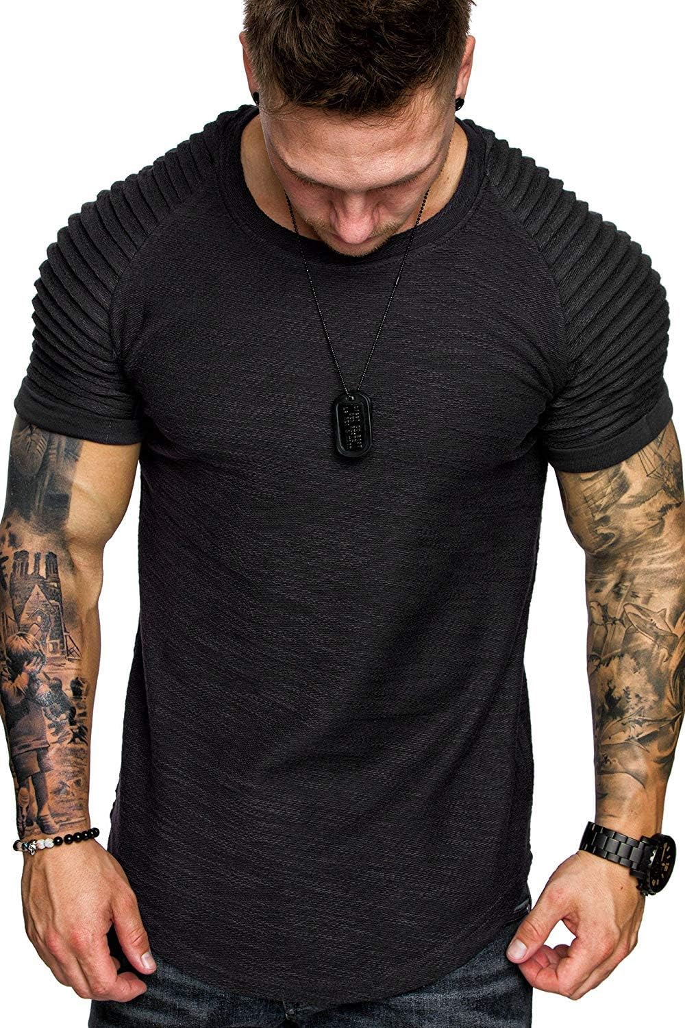 TOFOX Men's Muscle T-Shirt Pleated Raglan Sleeve Bodybuilding Gym Tee Short Sleeve Fashion Workout Shirts Hipster Shirt
