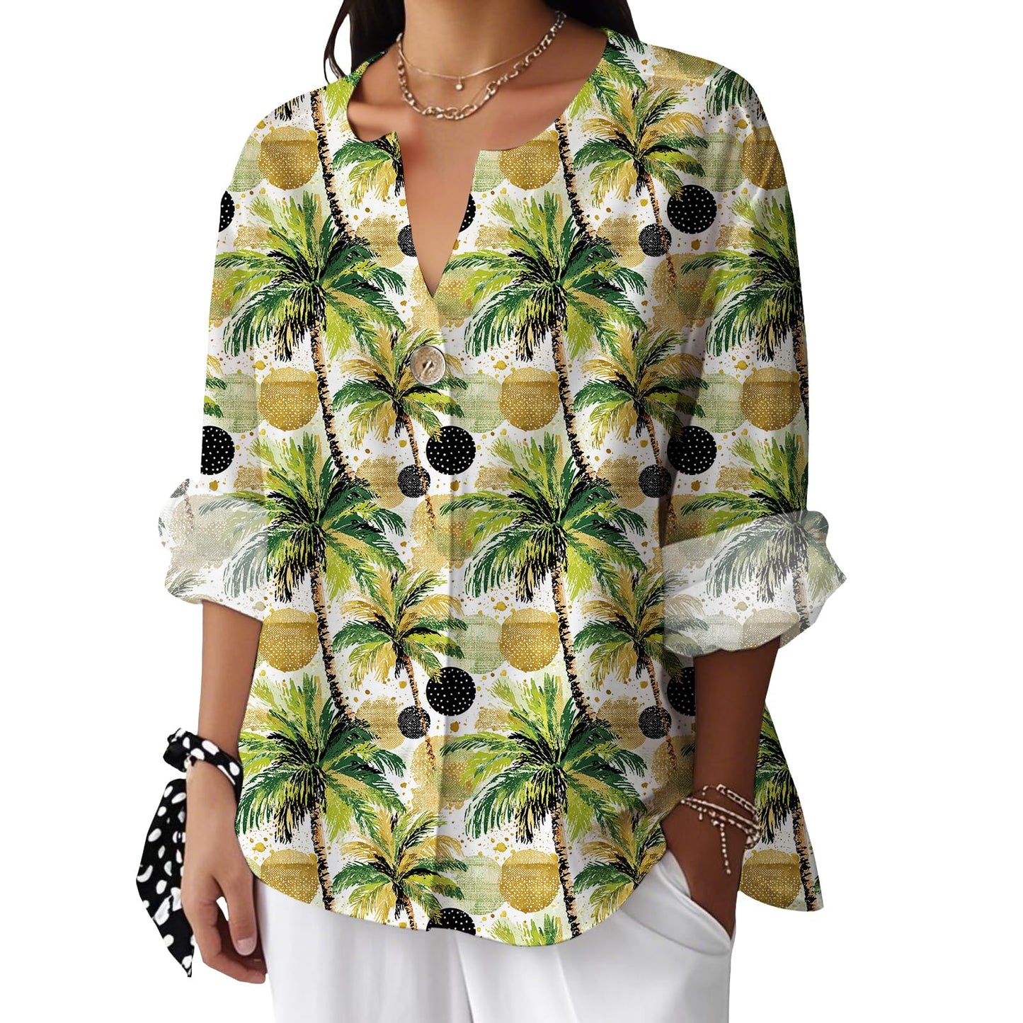 Reigee Hawaiian Shirts for Women 3/4 Sleeve Linen Shirts Floral Print Button V Neck Casual Loose Summer Graphic Tops Blouse