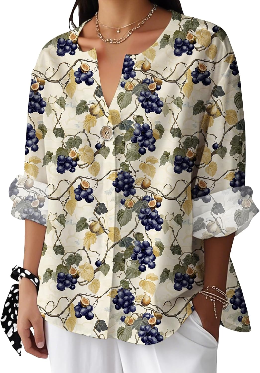 Reigee Hawaiian Shirts for Women 3/4 Sleeve Linen Shirts Floral Print Button V Neck Casual Loose Summer Graphic Tops Blouse