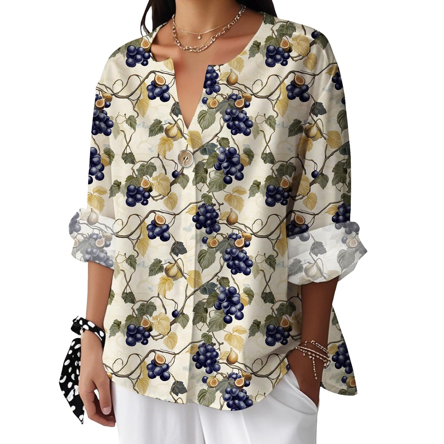 Reigee Hawaiian Shirts for Women 3/4 Sleeve Linen Shirts Floral Print Button V Neck Casual Loose Summer Graphic Tops Blouse