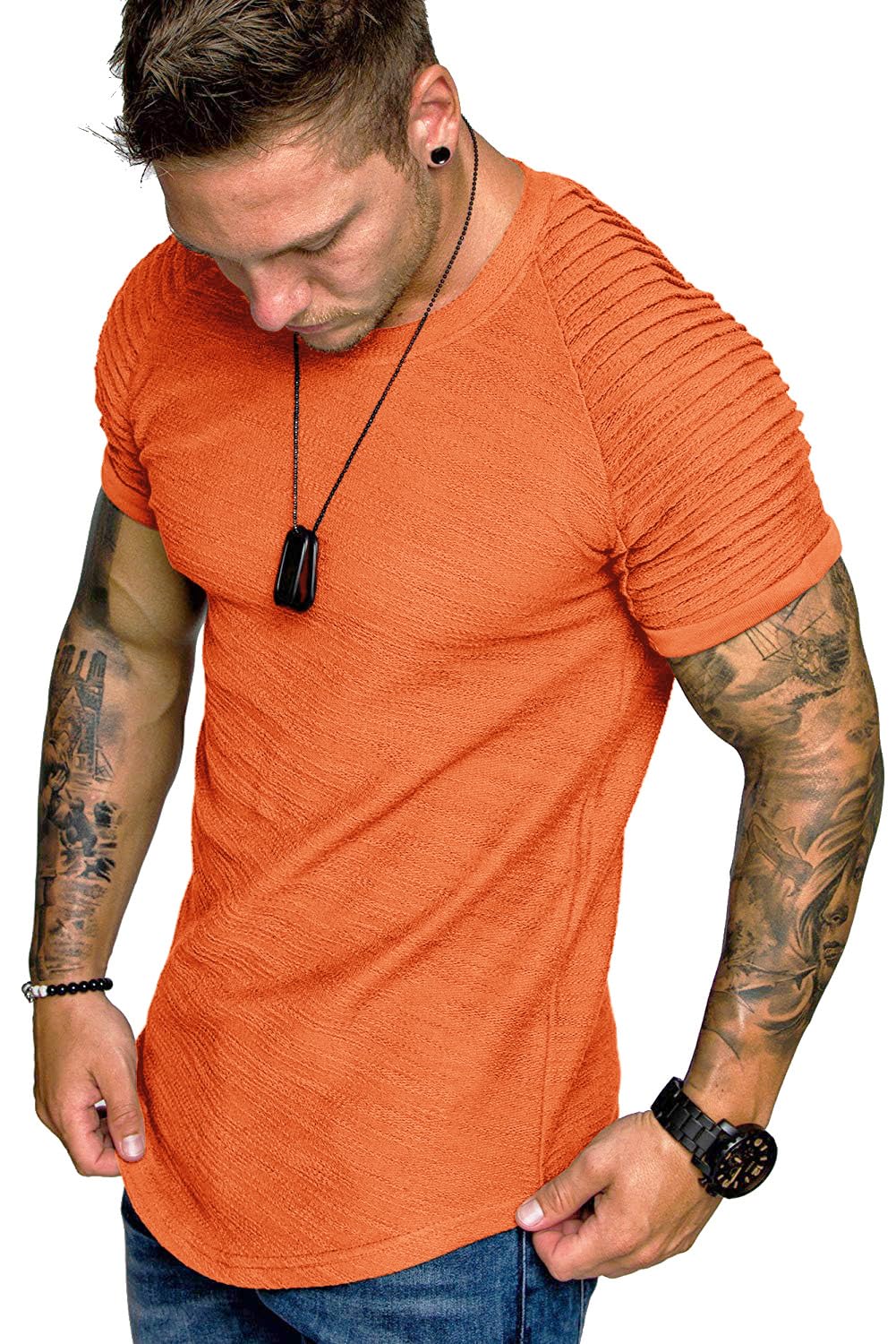 TOFOX Men's Muscle T-Shirt Pleated Raglan Sleeve Bodybuilding Gym Tee Short Sleeve Fashion Workout Shirts Hipster Shirt