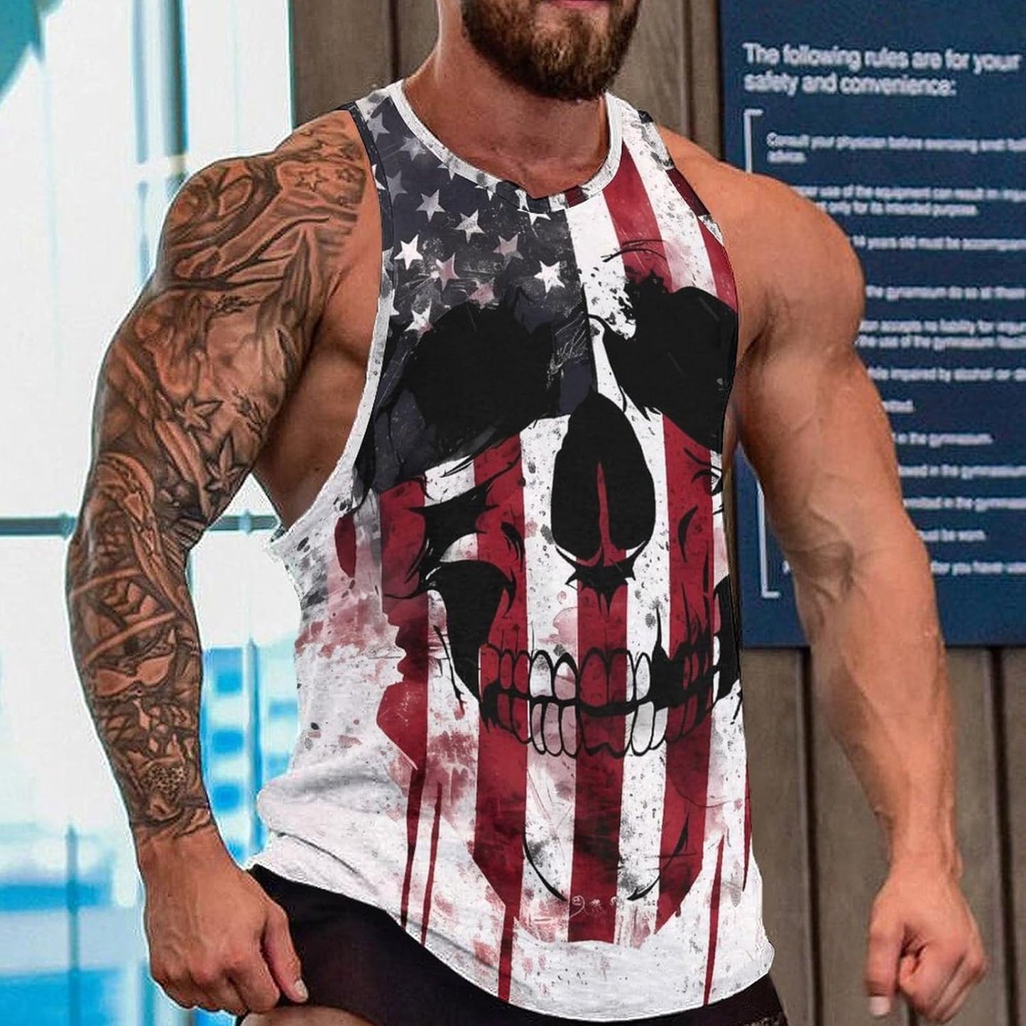 NAVARCH Mens US Flag Tank Tops Skull Graphic Print Sleeveless Crew Neck Western Shirts for Men Fashion Vest