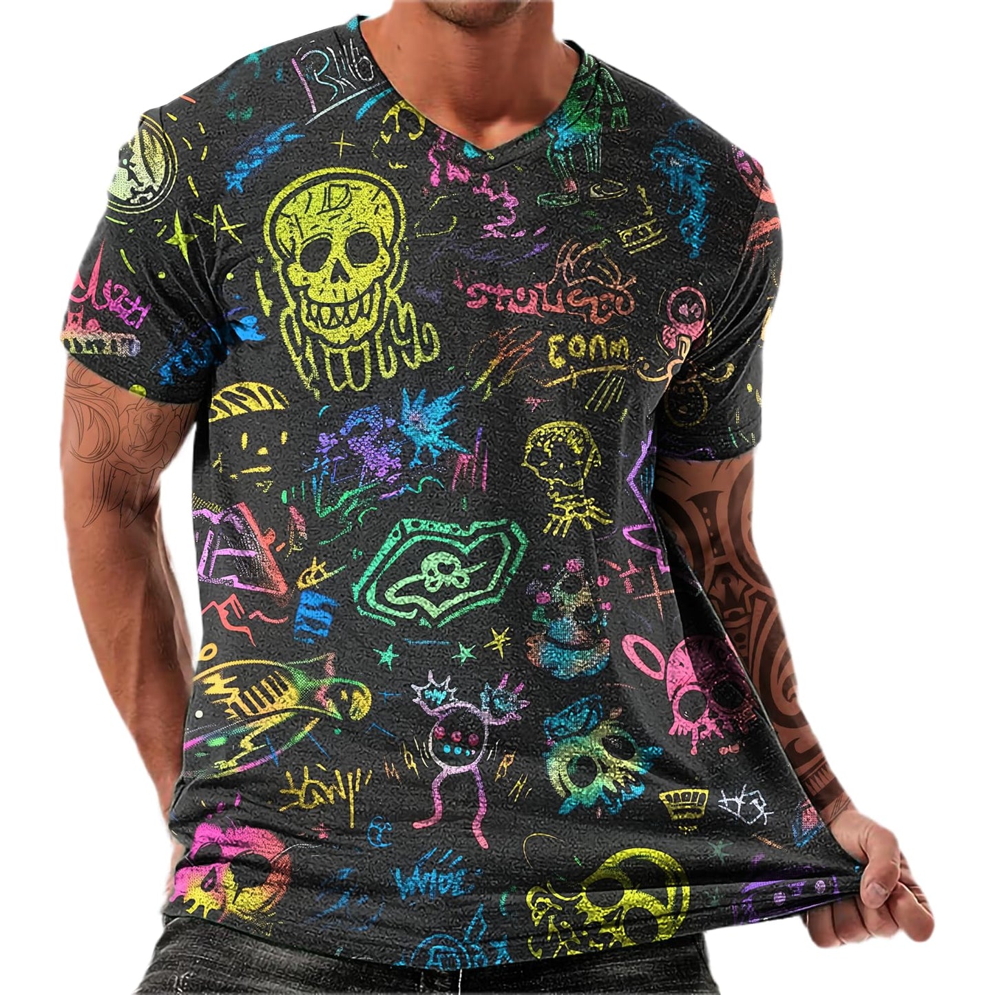 NAVARCH Trendy Summer Mens Casual Shirts V Neck Breathable Novelty Shirt Streetwear Graphic Tees