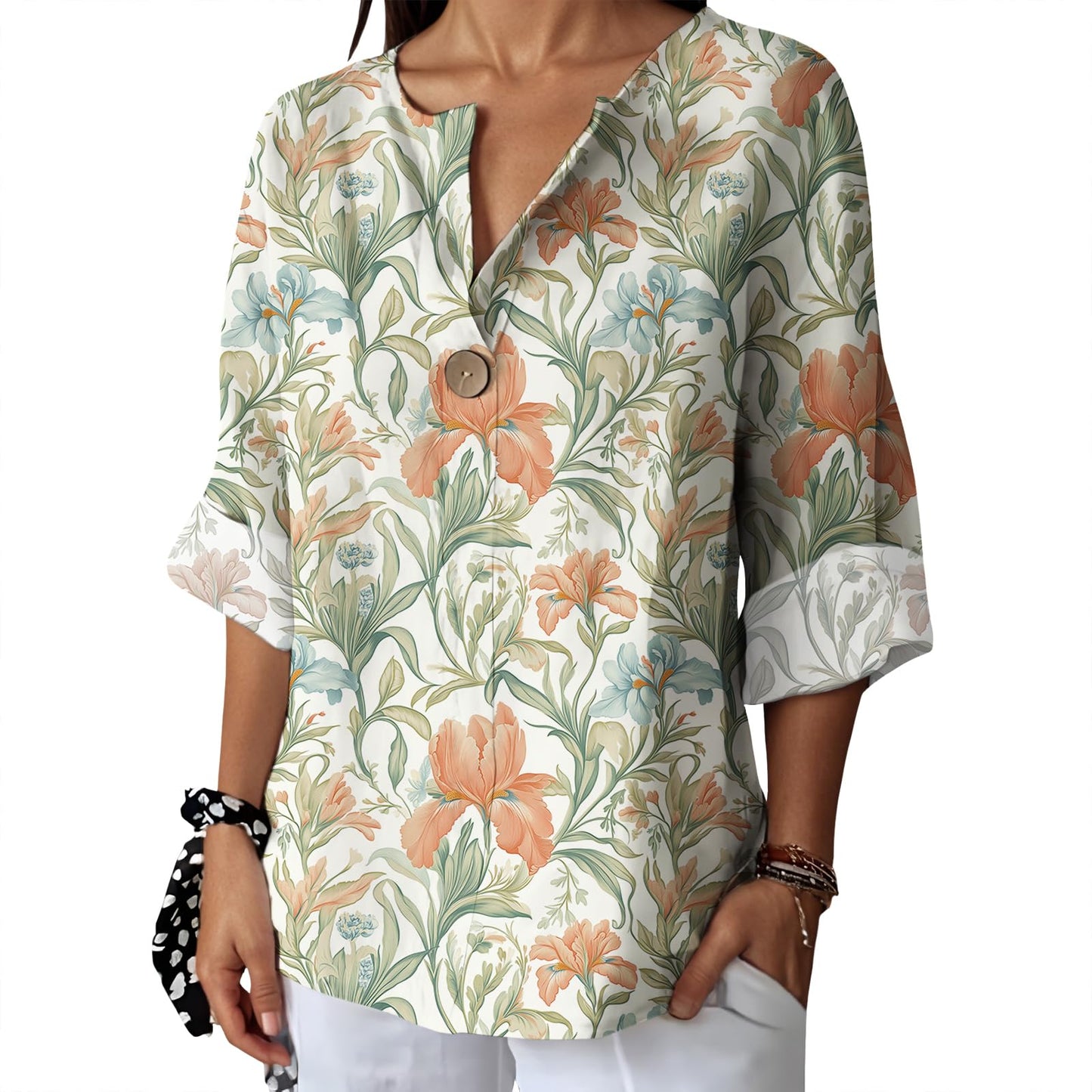Befox Womens Spring Tops Business Vintage 3/4 Sleeve Boho Button Tunic Linen Blend Floral Printed V-Neck Summer T Shirts