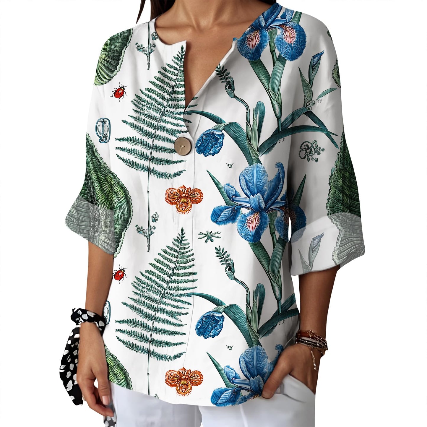 Befox Womens Spring Tops Business Vintage 3/4 Sleeve Boho Button Tunic Linen Blend Floral Printed V-Neck Summer T Shirts