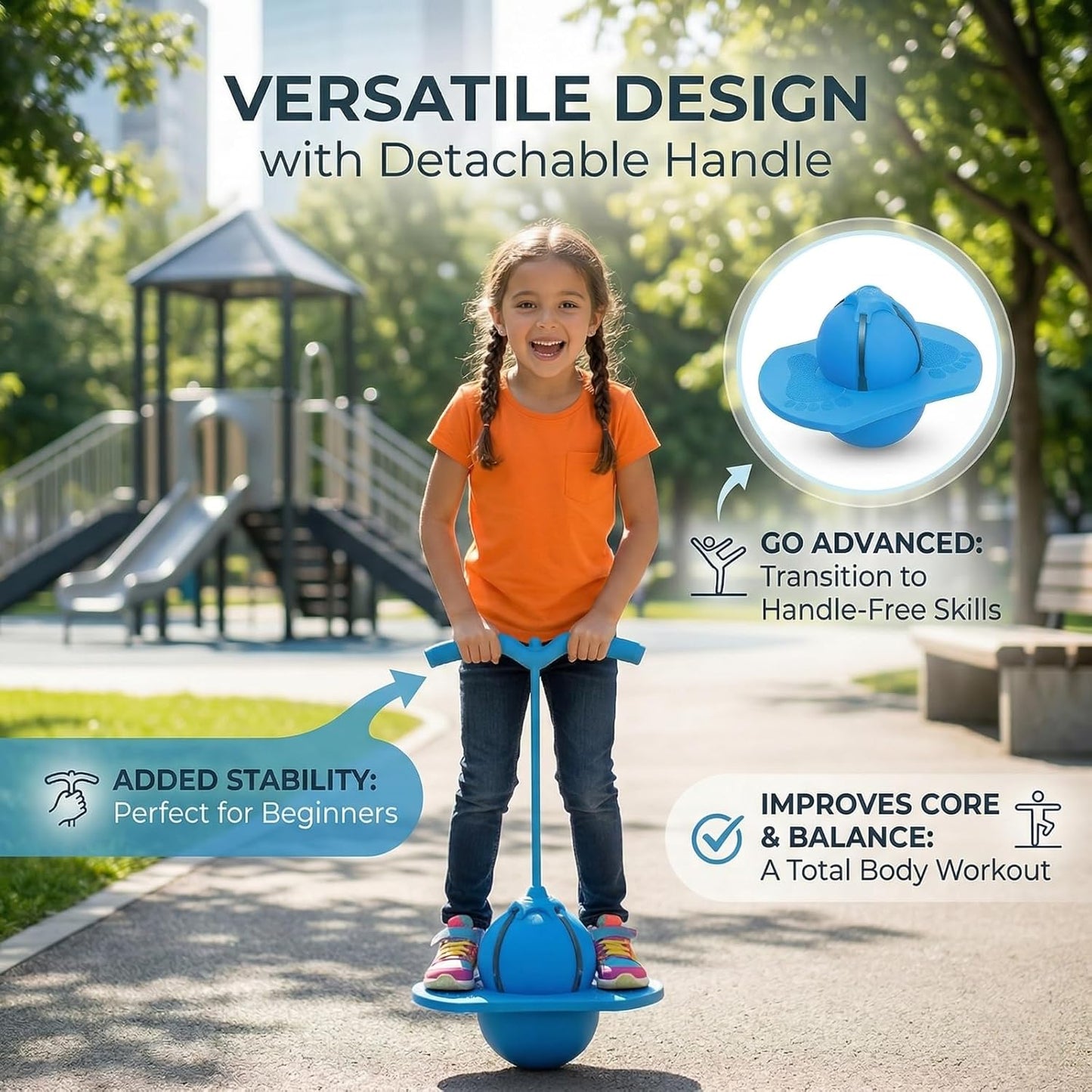 Kribee 2026 Upgraded Pogo Ball, Balance Jumping Ball with Adjustable Handle & Pump, High Jump Bounce Trick Board Pogo Jumper, Quiet Indoor Outdoor Energy Burner Toy