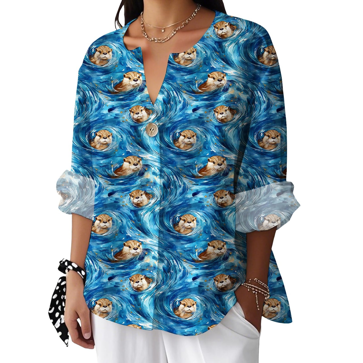 Reigee Hawaiian Shirts for Women 3/4 Sleeve Linen Shirts Floral Print Button V Neck Casual Loose Summer Graphic Tops Blouse