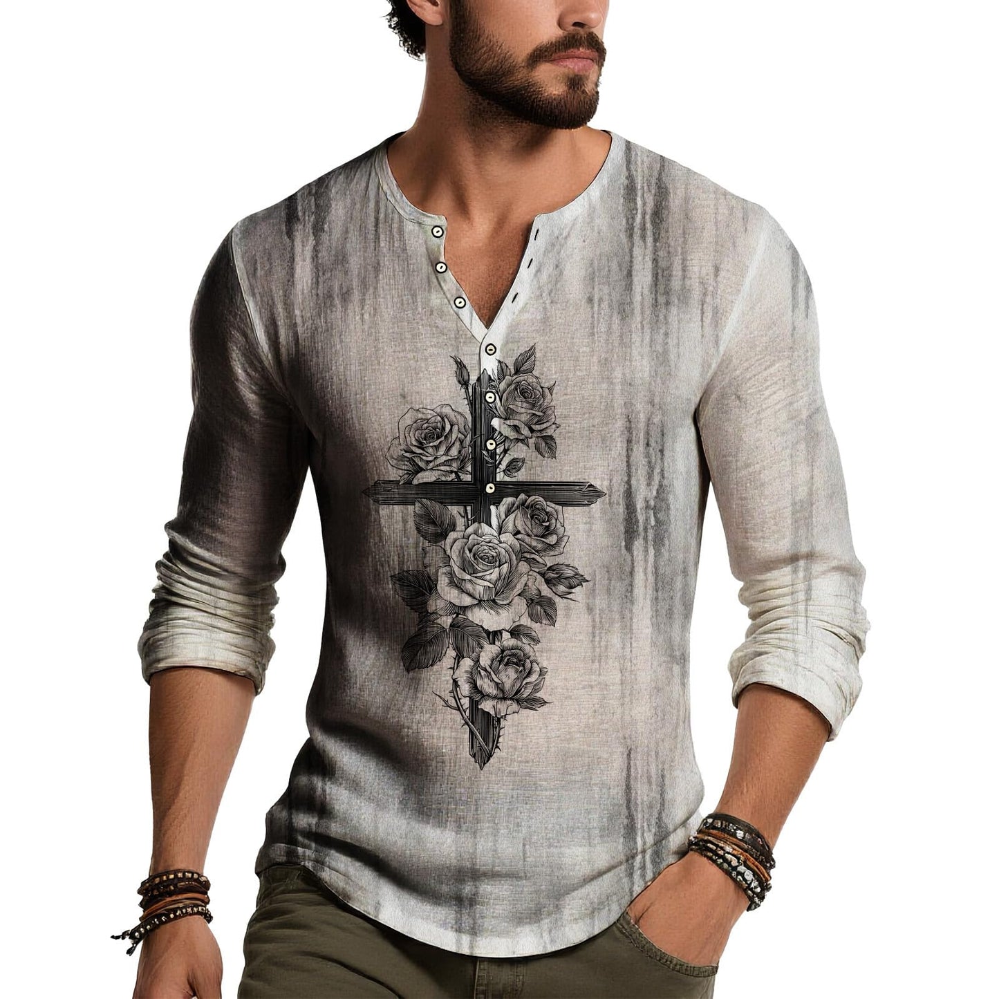 JiffPom Distressed Henley Tshirts for Men Pullover Long Sleeve Button Up T-Shirts Vintage Graphic Tees Washed Streetwear Tops