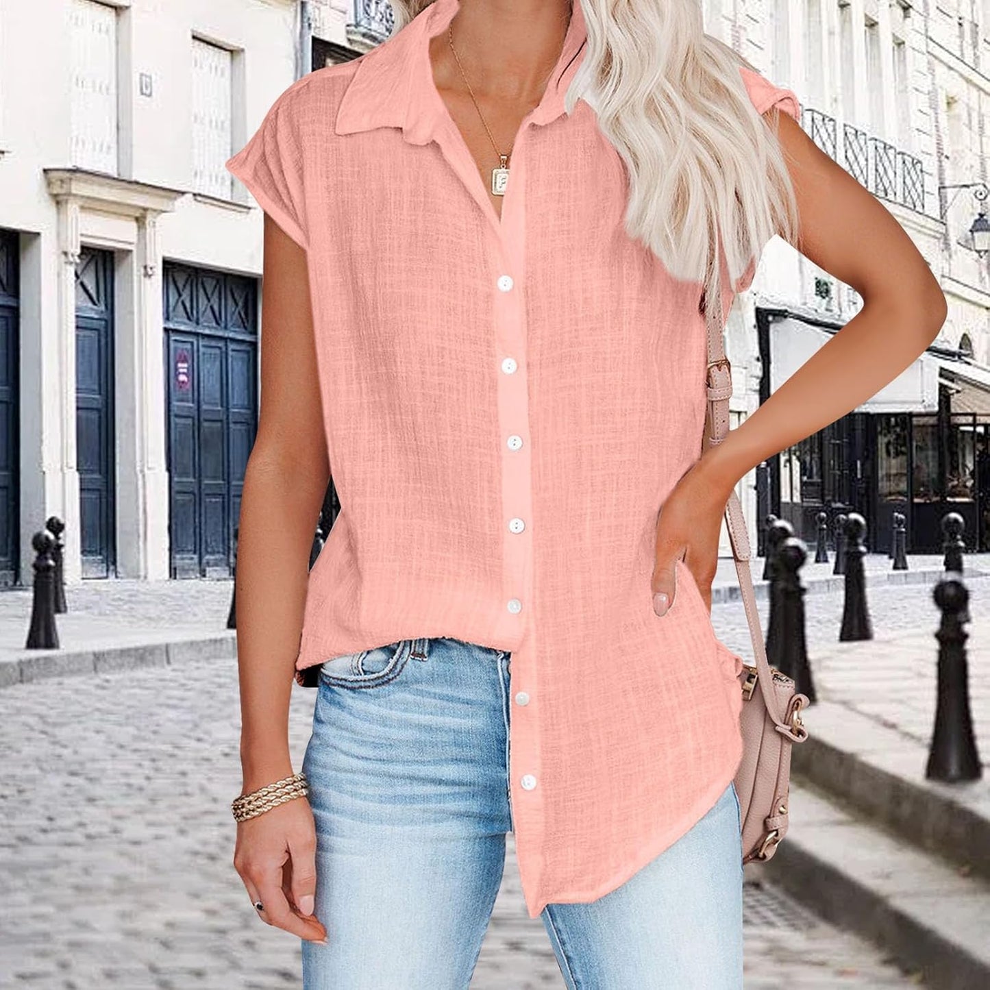 gukoo Tunic Shirts for Women V Neck Business Vintage Lightweight Button Down Sleeveless Casual Summer Workout Tops