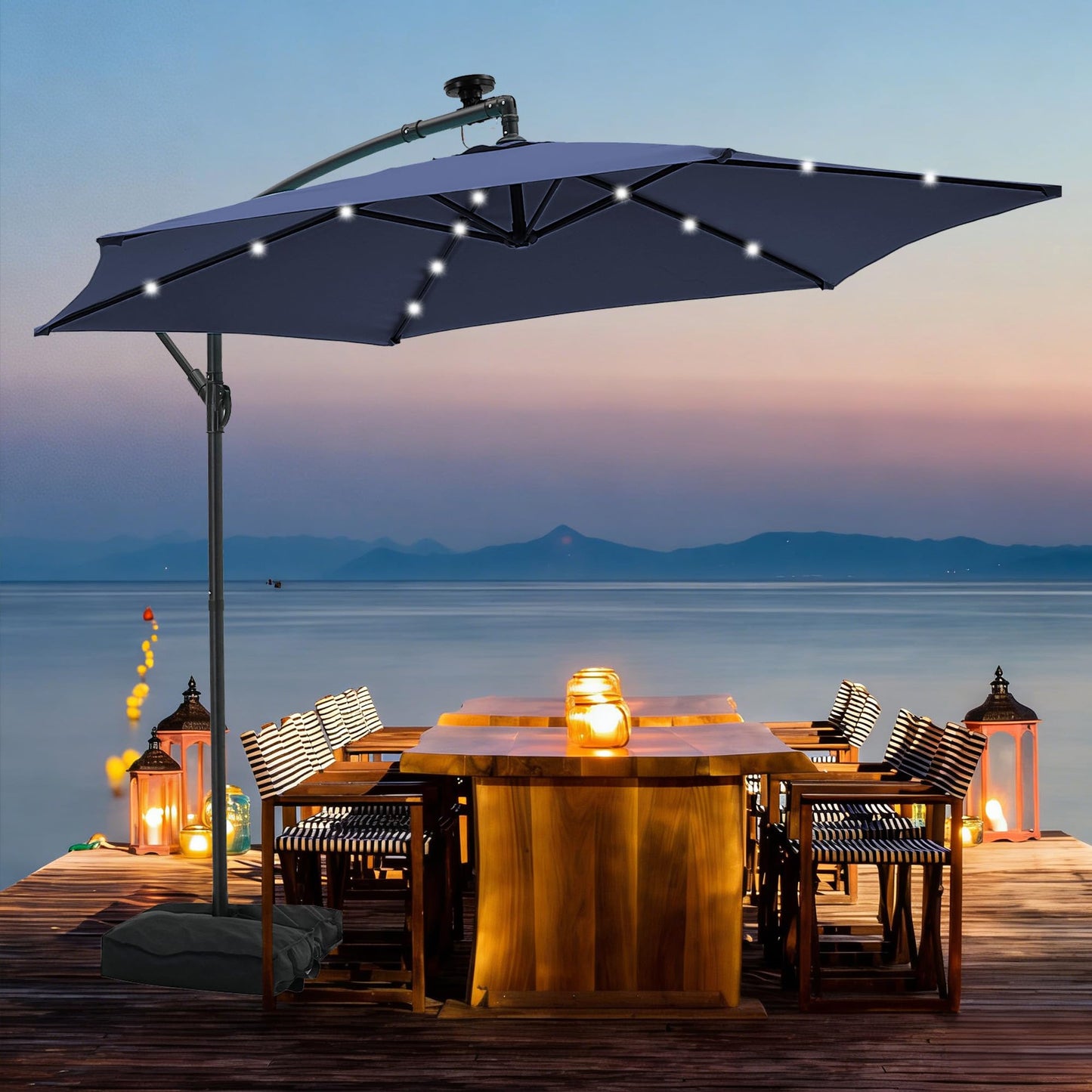 JiffPom 10ft Cantilever Patio Umbrella with Lights, Hanging Offset Market Outdoor Sun Shade for Backyard,Deck,Poolside,Black