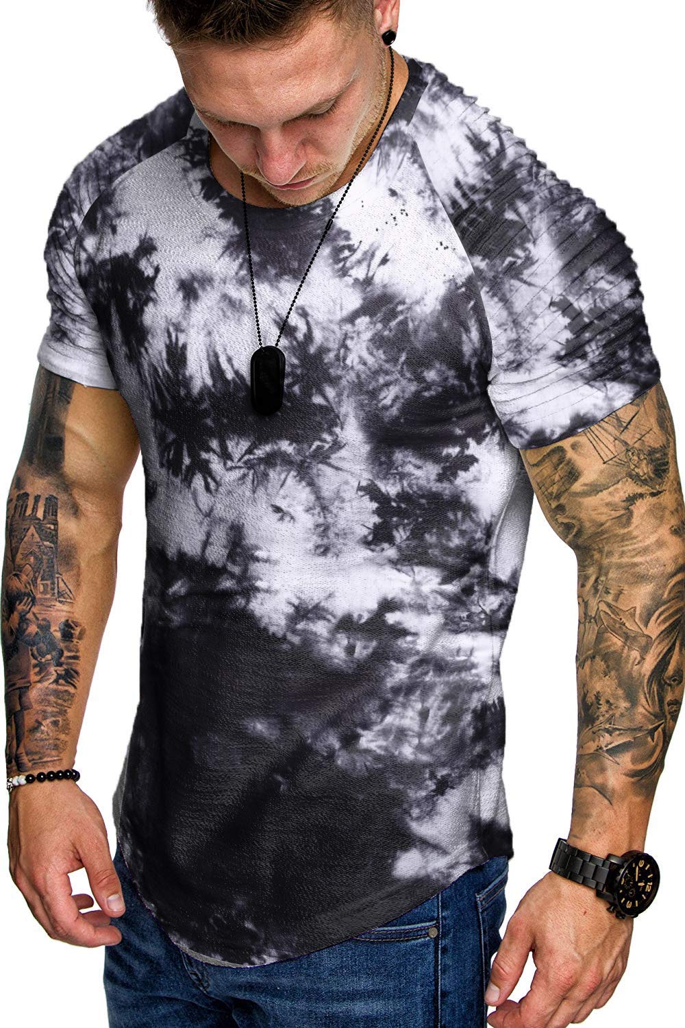 TOFOX Men's Muscle T-Shirt Pleated Raglan Sleeve Bodybuilding Gym Tee Short Sleeve Fashion Workout Shirts Hipster Shirt
