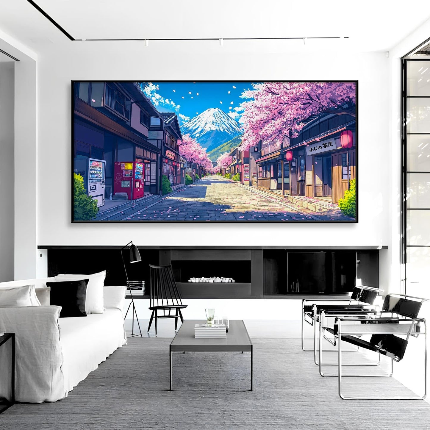 JiffPom Japan Manga Street Canvas Wall Art, Cherry Blossom Anime Canvas Print, Mount Fuji Wall Art, Pink Cherry Tree Decor, Japanese Landscape Poster, Home Decor, Manga Gifts (Black Framed, 31"x15" | 80x40cm)