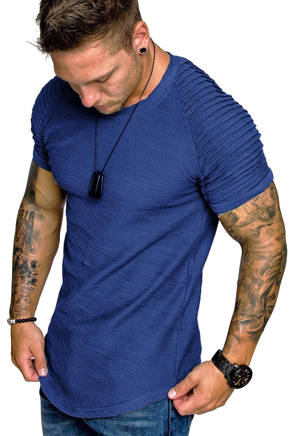 TOFOX Men's Muscle T-Shirt Pleated Raglan Sleeve Bodybuilding Gym Tee Short Sleeve Fashion Workout Shirts Hipster Shirt