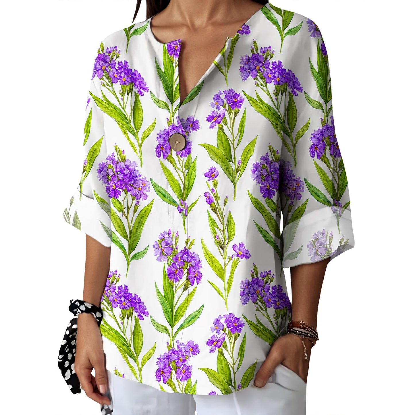 Befox Womens Spring Tops Business Vintage 3/4 Sleeve Boho Button Tunic Linen Blend Floral Printed V-Neck Summer T Shirts