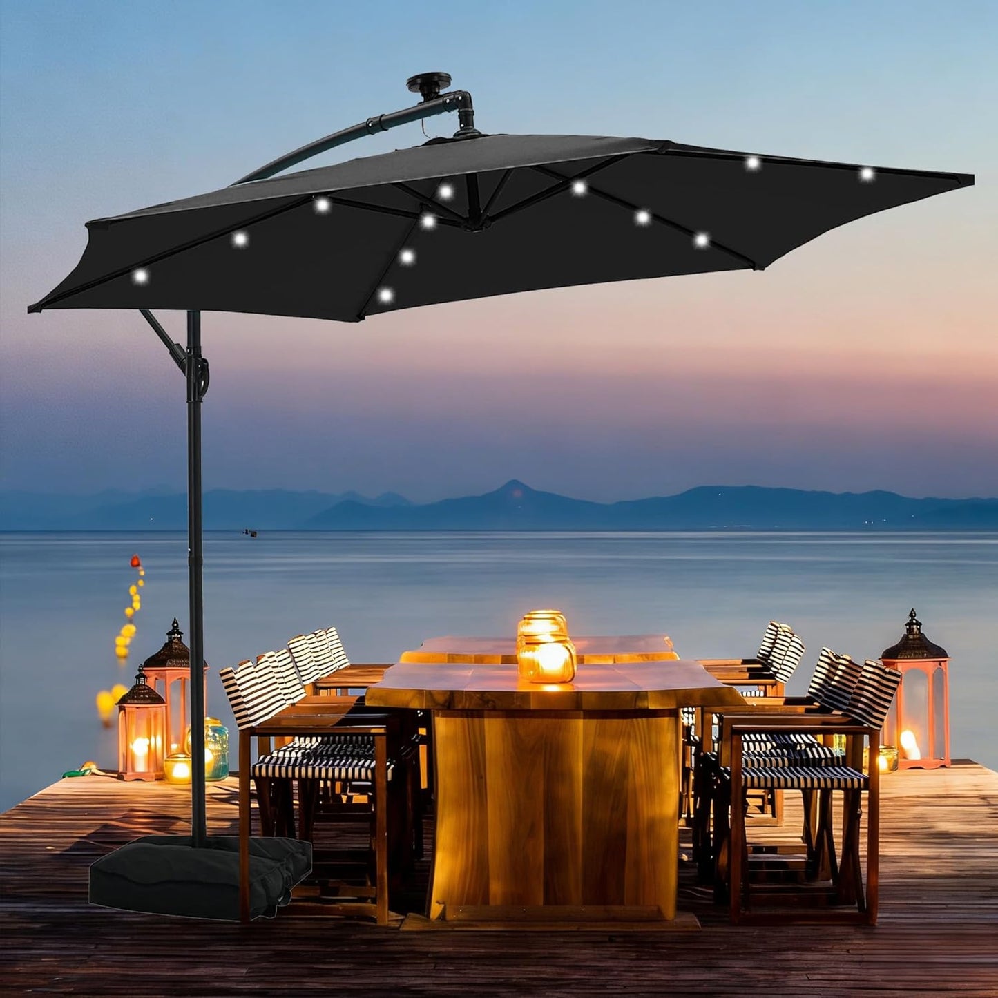 JiffPom 10ft Cantilever Patio Umbrella with Lights, Hanging Offset Market Outdoor Sun Shade for Backyard,Deck,Poolside,Black