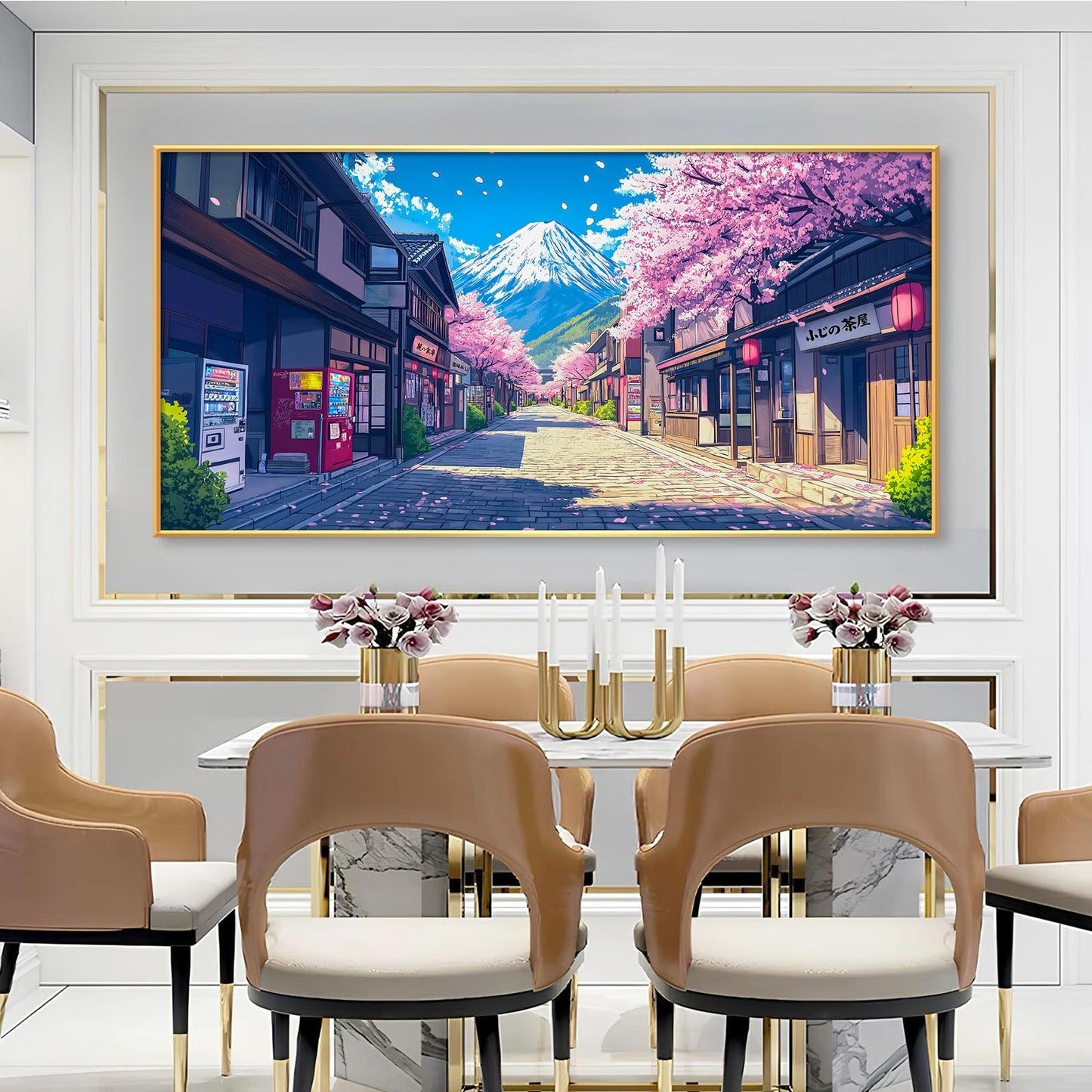 JiffPom Japan Manga Street Canvas Wall Art, Cherry Blossom Anime Canvas Print, Mount Fuji Wall Art, Pink Cherry Tree Decor, Japanese Landscape Poster, Home Decor, Manga Gifts (Black Framed, 31"x15" | 80x40cm)