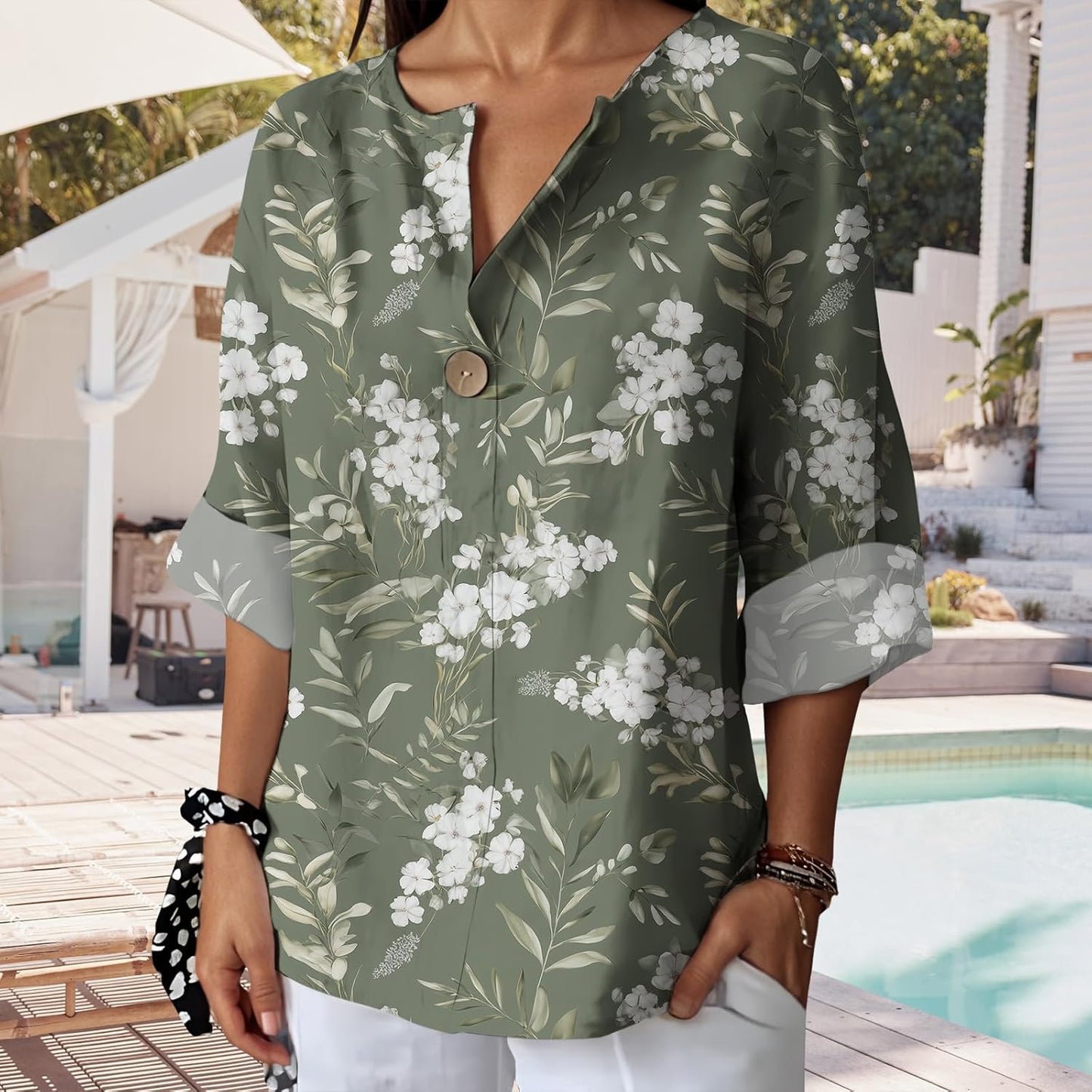 Befox Womens Spring Tops Business Vintage 3/4 Sleeve Boho Button Tunic Linen Blend Floral Printed V-Neck Summer T Shirts